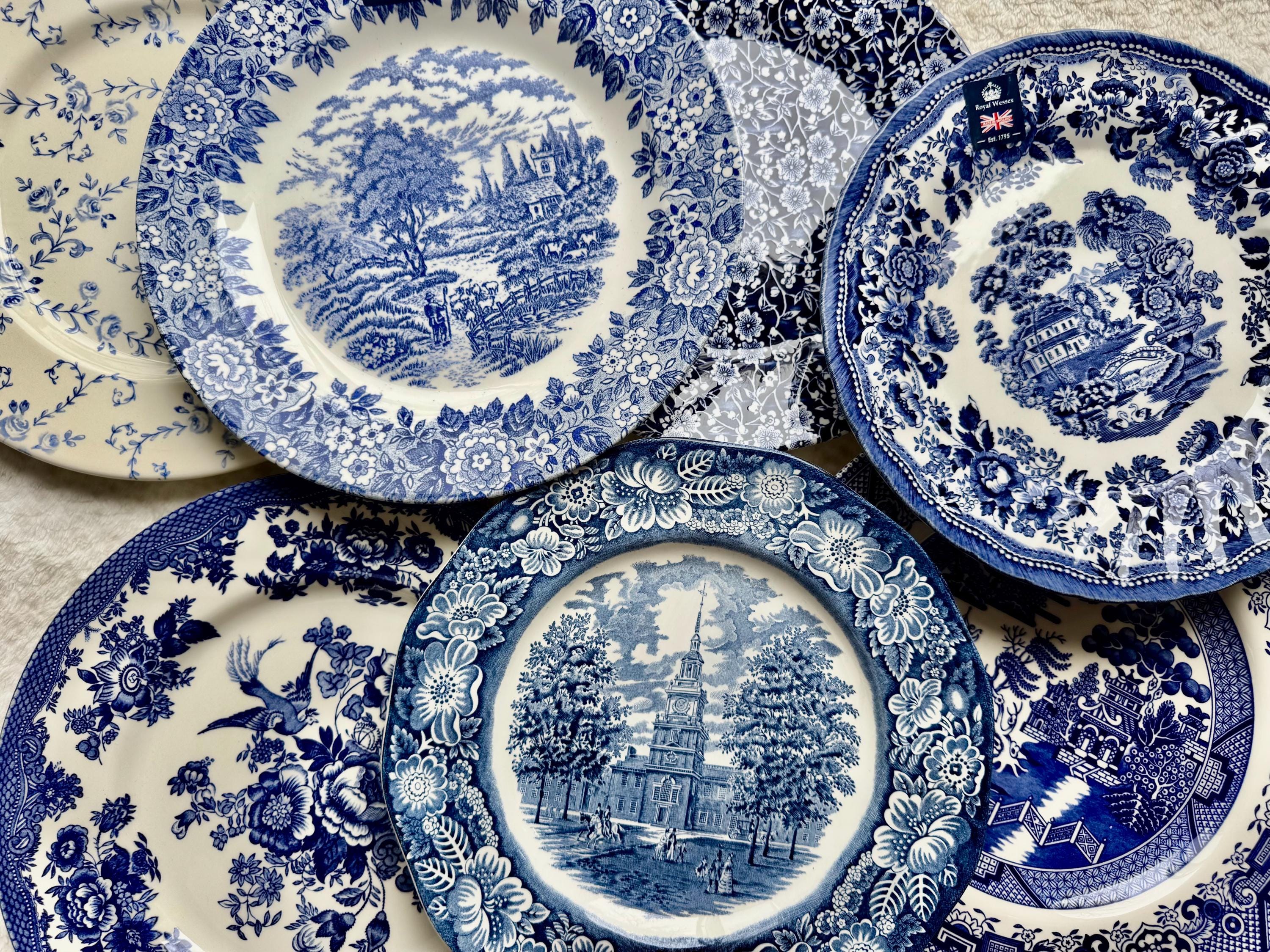 Vintage-Inspired Blue & White Dinner Plates - Mix Match Your Favorites - All Made in England, front view
