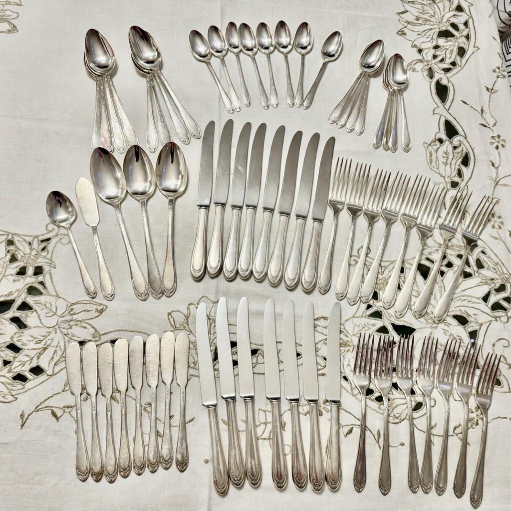 Vintage International Silver “Lovelace” Silverplate Flatware Set for 8 – 68 Items – 1936 Classic Pattern, front view