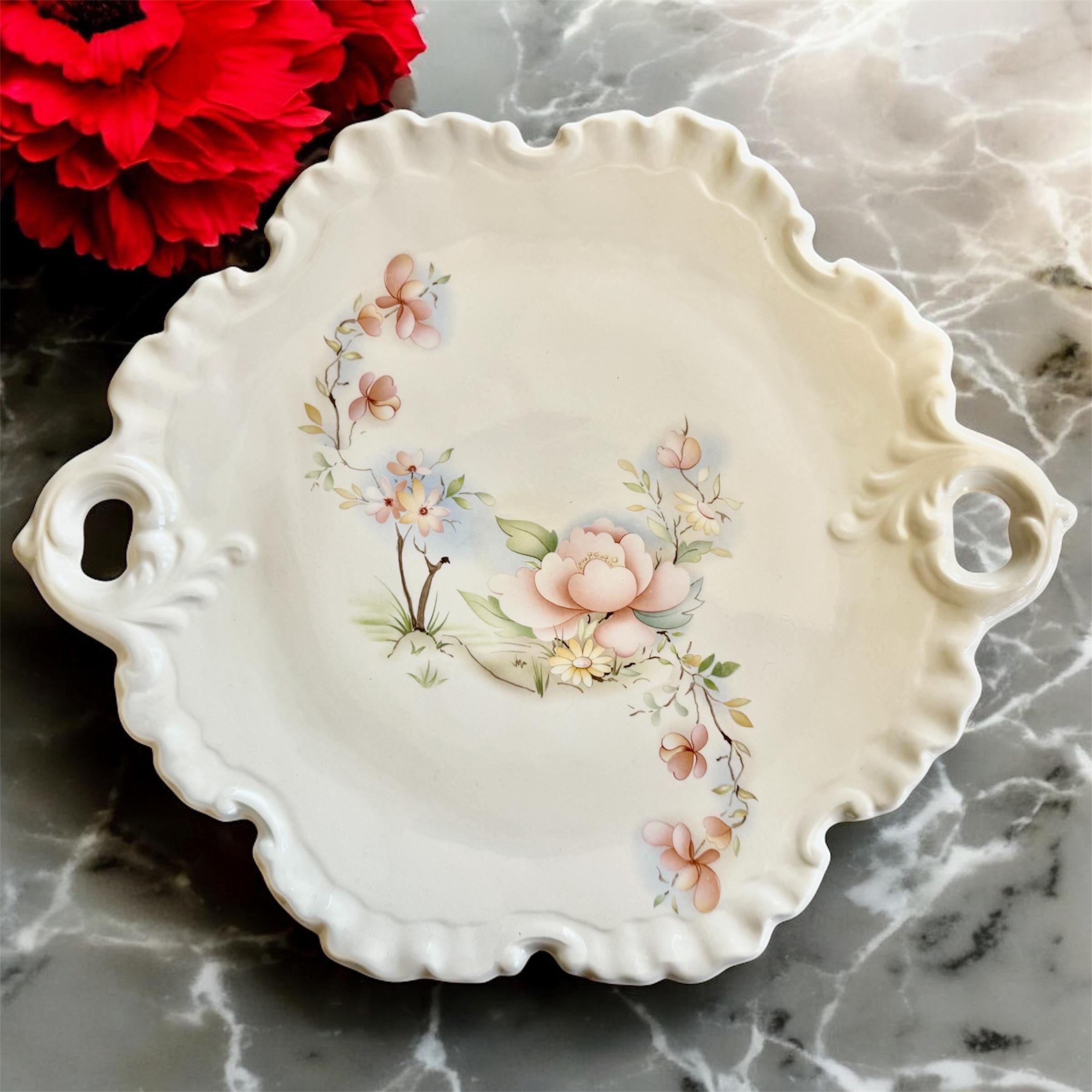 Vintage Japanese Export Floral Handled Tray – Large 16” Pastel Blossom Serving Dish, front view