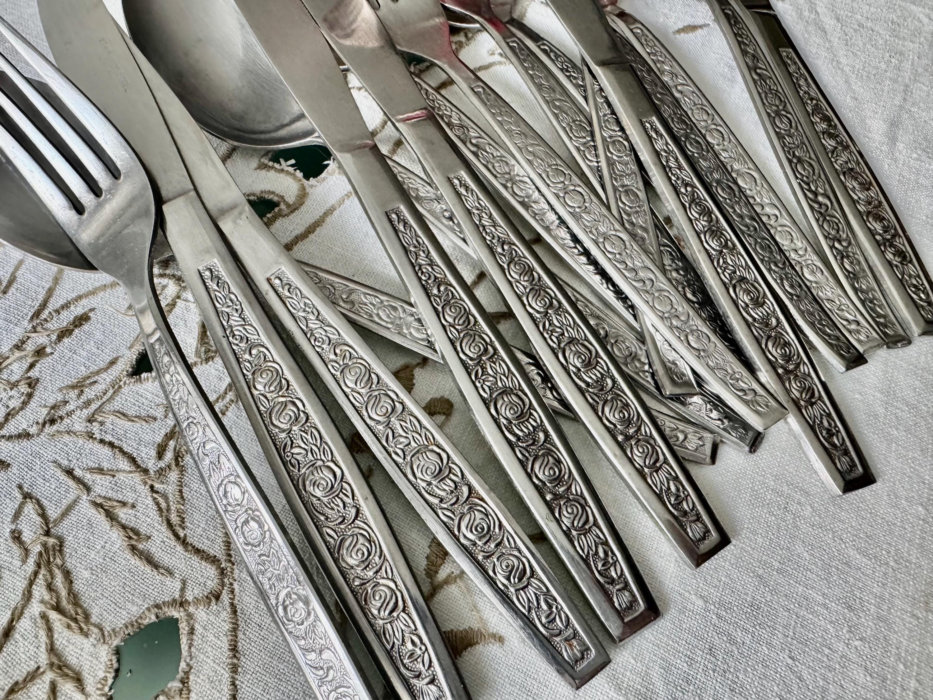 Vintage Stainless Steel Japan Flatware Set — Ornate Rose Pattern — Custom Sets Available, front view