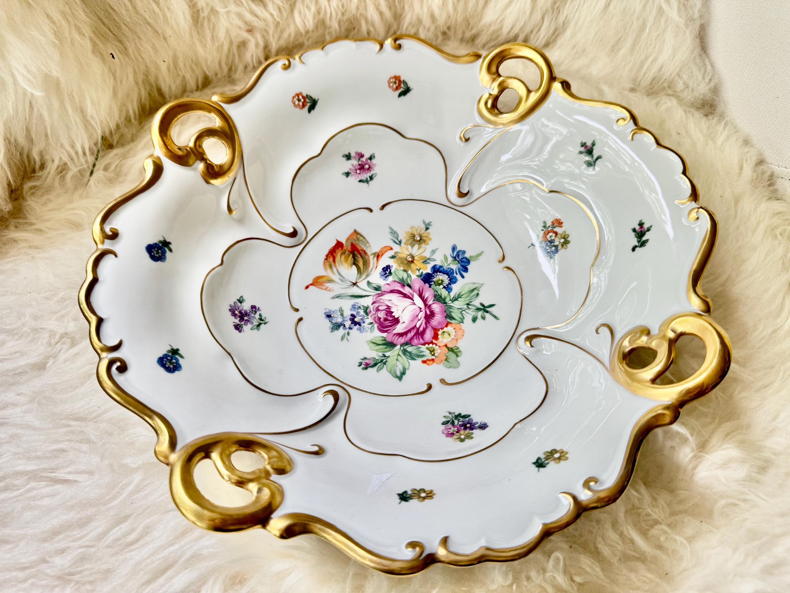 Vintage JLMENAU Graf von Henneberg Hand Enameled Reticulated Floral Dish – Ornate Gold Rococo Handles, front view