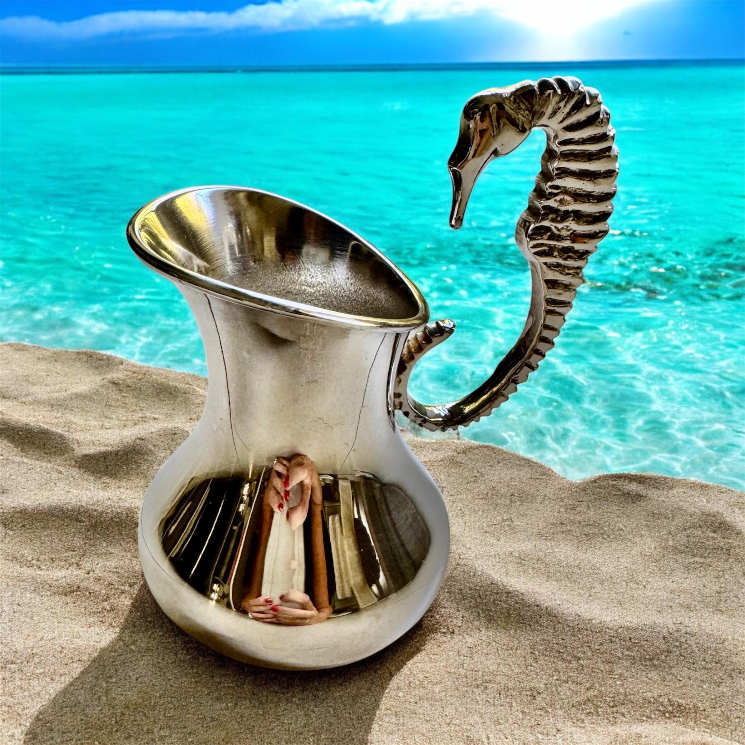 Vintage Los Castillo Silver-Plated Pitcher – Seahorse Handle, Mid-Century Mexican, front view