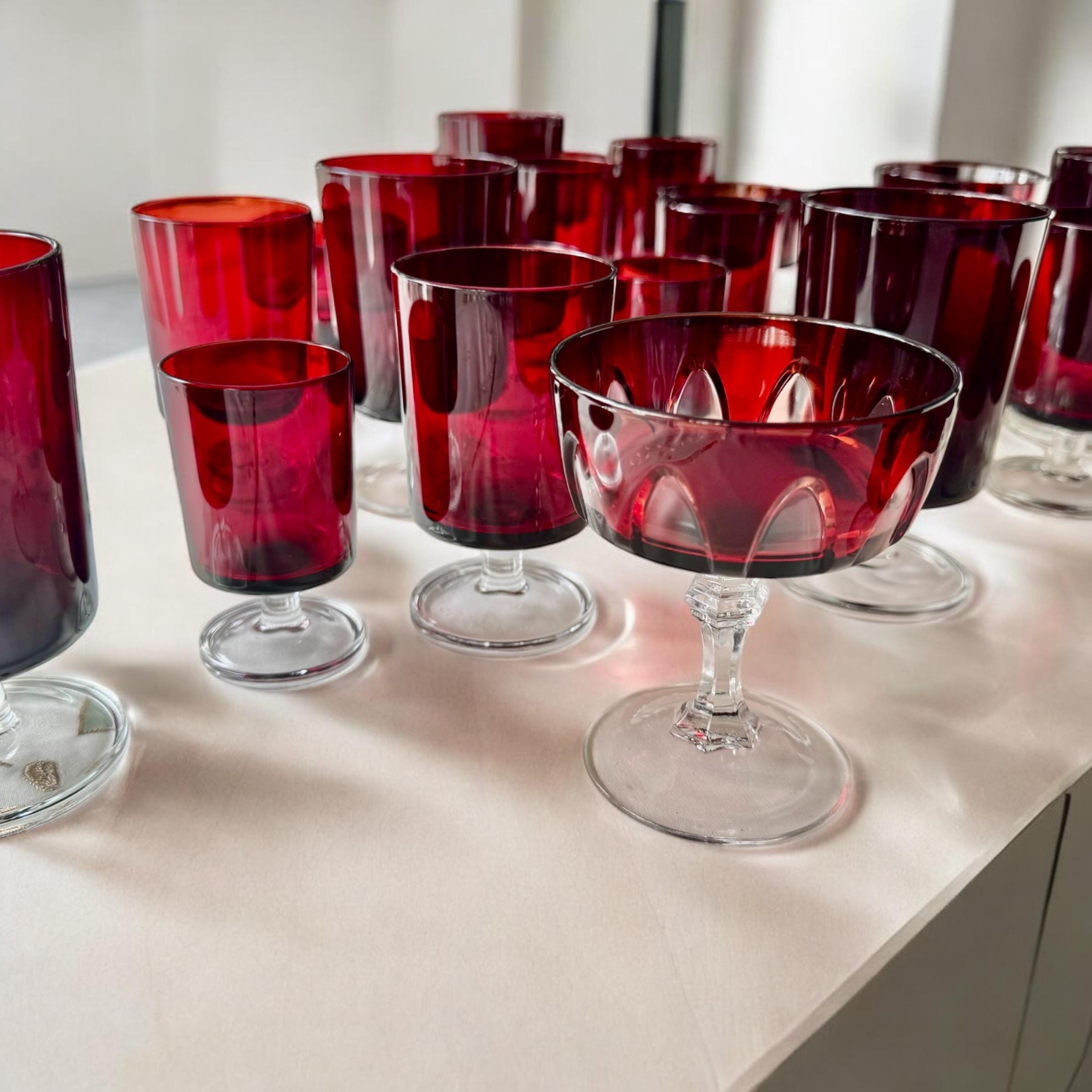 Vintage Luminarc Ruby Red Liqueur Glasses: 1970s French Barware, front view