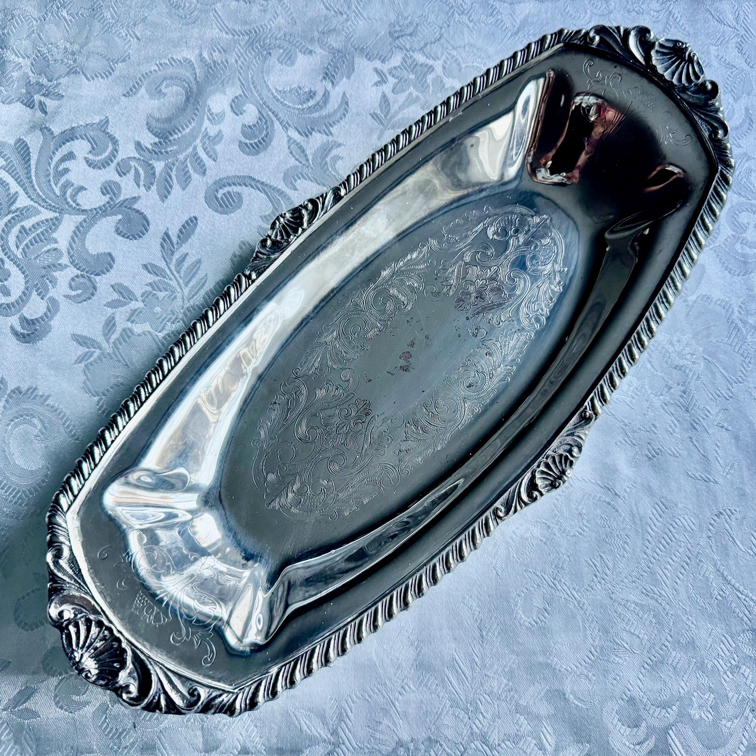 Vintage Marlboro Plate Ornate Silverplated Elongated Tray – 13.5” Serving Dish with Shell Corners & Floral Engraving, front view