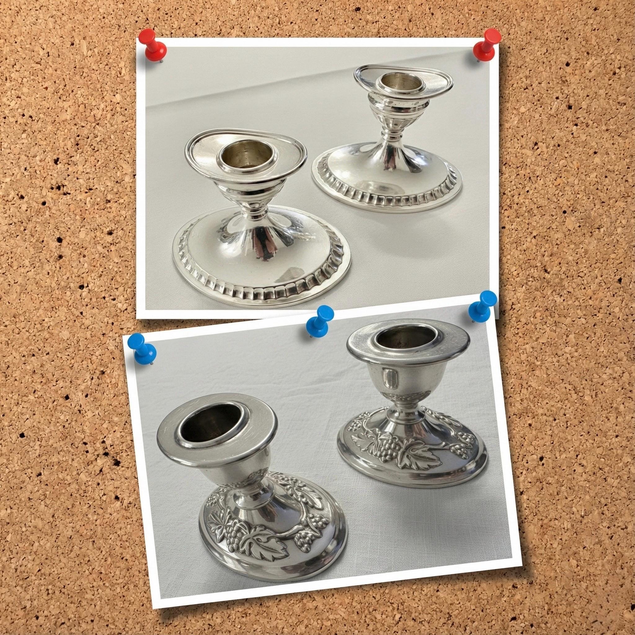 Vintage Mid-Century Oval-Base Silver-Plated Candlesticks, front view