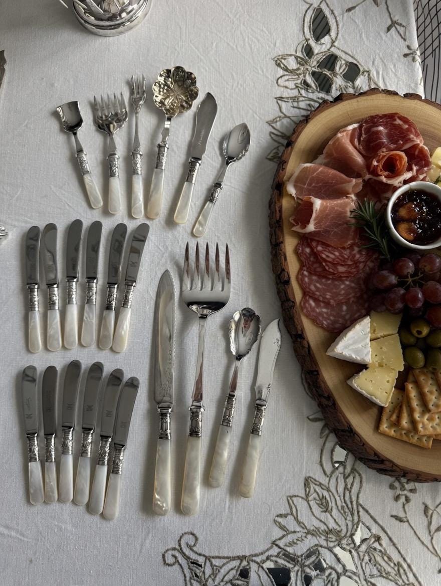 Vintage Mother of Pearl Handled Silverware Set – Sheffield England Serving Utensils, front view