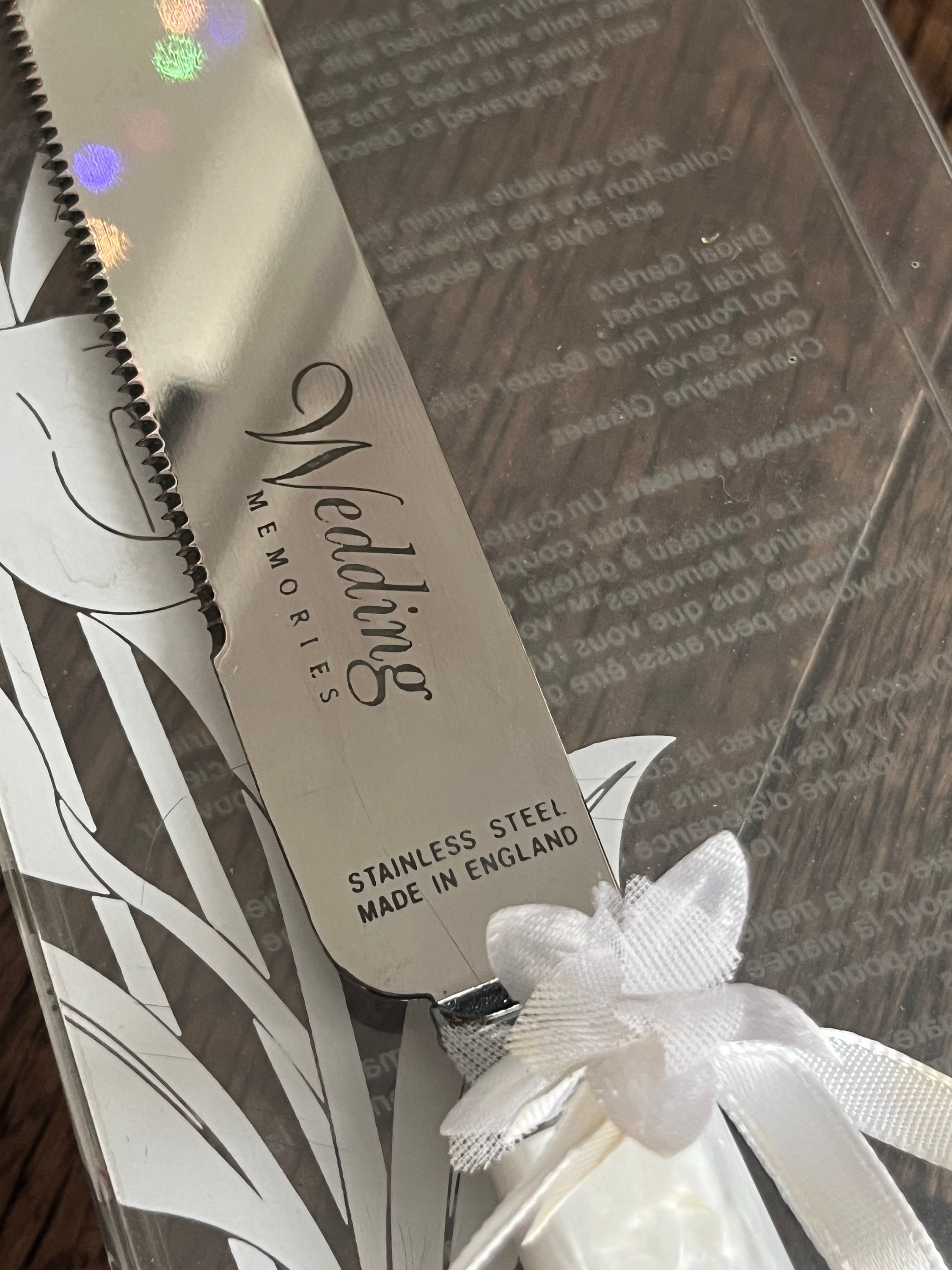 Vintage New Wedding Cake Knife - Stainless Steel - Made in England - “Wedding Memories”, front view