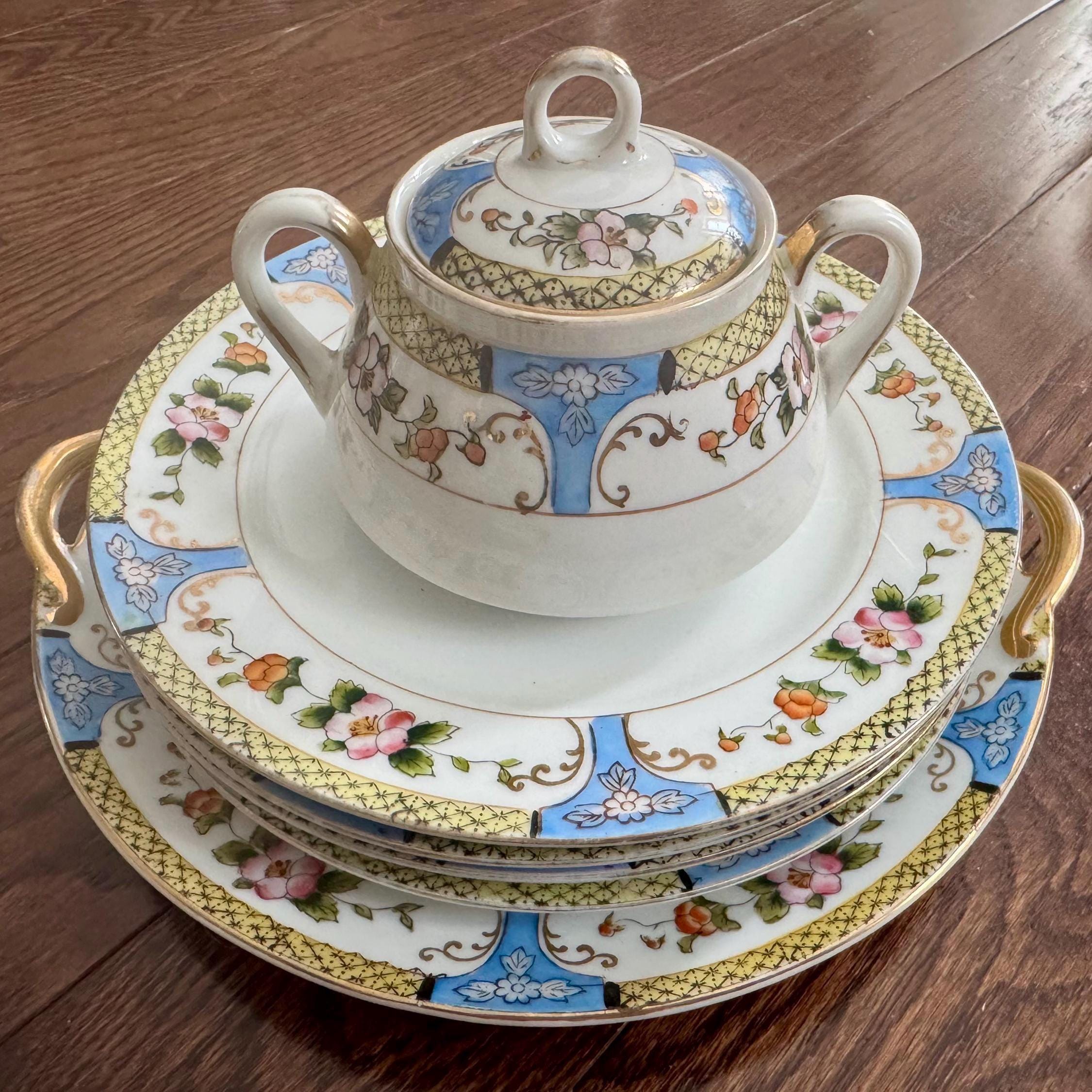Vintage Noritake Japan Dessert Set for 4 Persons - Elegant Floral & Gold Design, front view
