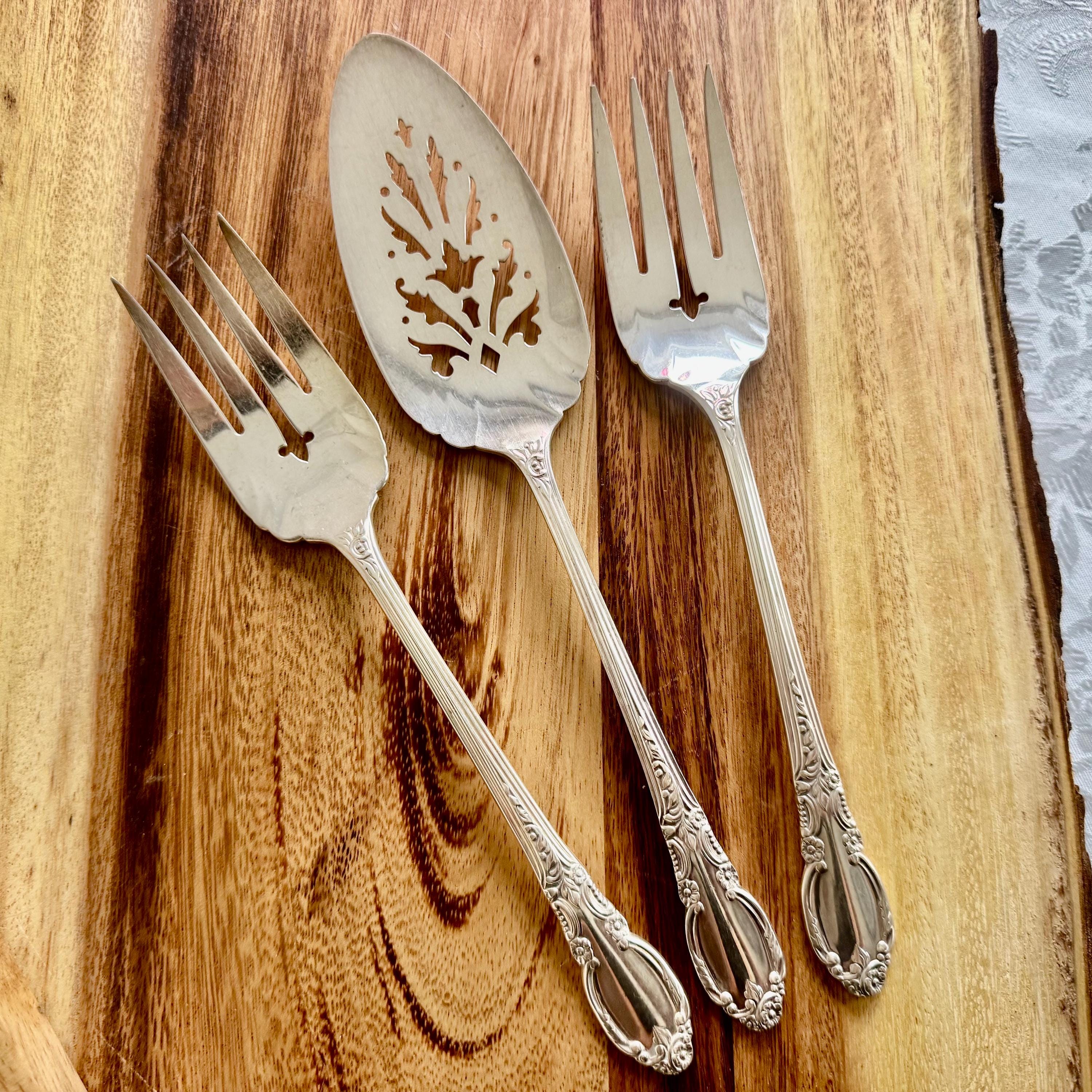 Vintage Oneida Silverplate Cake Server and Cold Meat Forks Set - 3-Piece Serving Set, front view