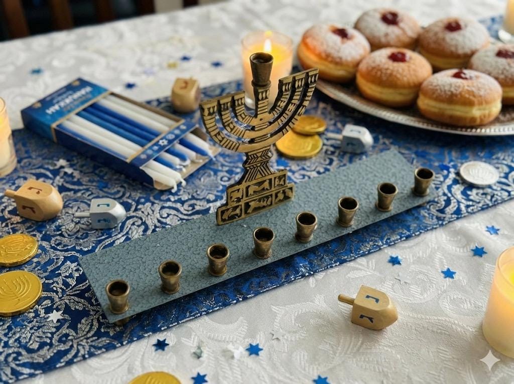 Vintage Oppenheim Israel Brass Menorah – Mid-Century Hanukkah Candle Holder – Blue Enamel Base – Judaica Collectible, front view