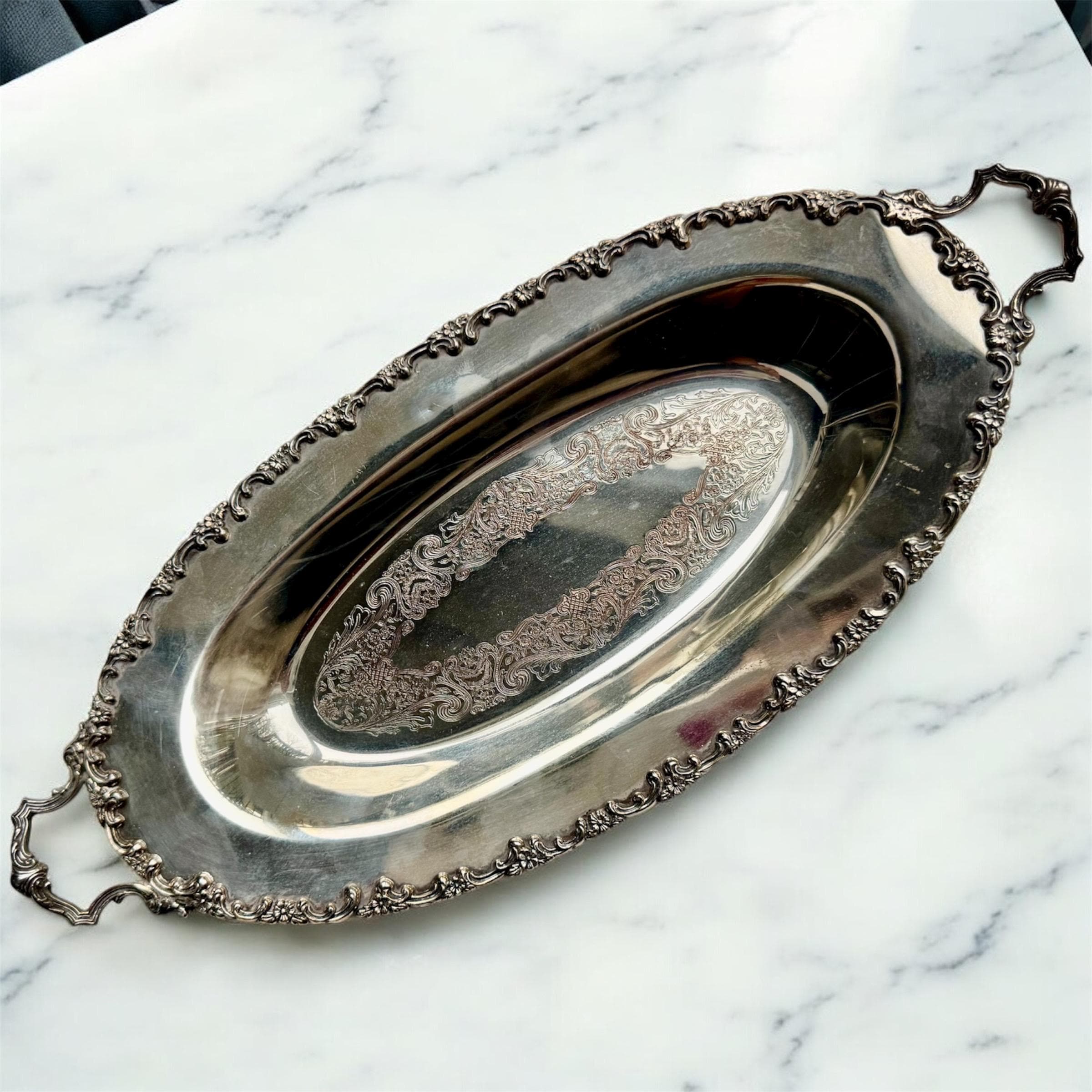 Vintage Ornate Silver Plated Handled Serving Tray – Floral Etched Center & Rococo Border, front view