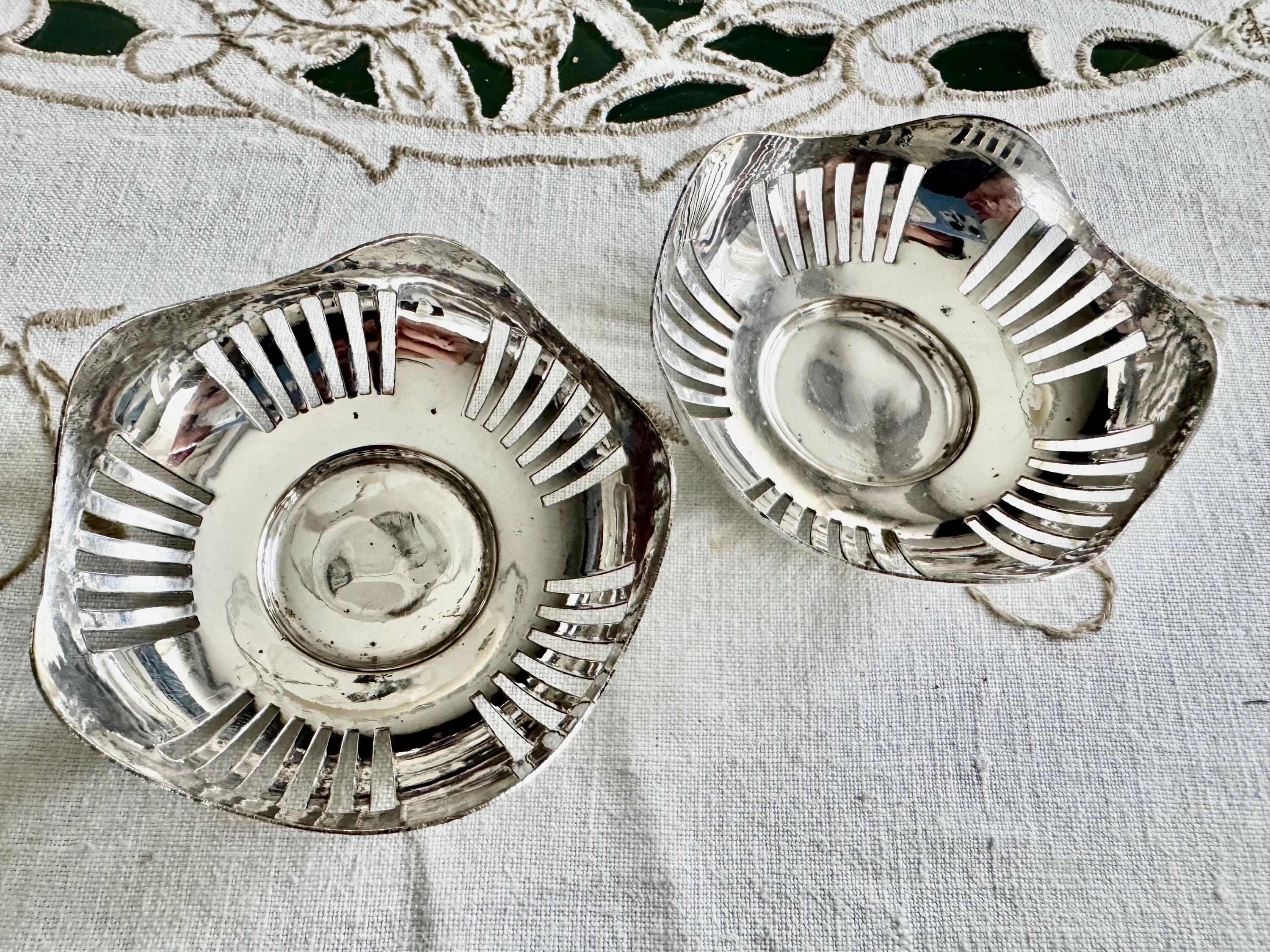Vintage Pair English Silverplate Perforated Bonbon Dishes – Ring Dishes or Nut Bowls 3”, front view