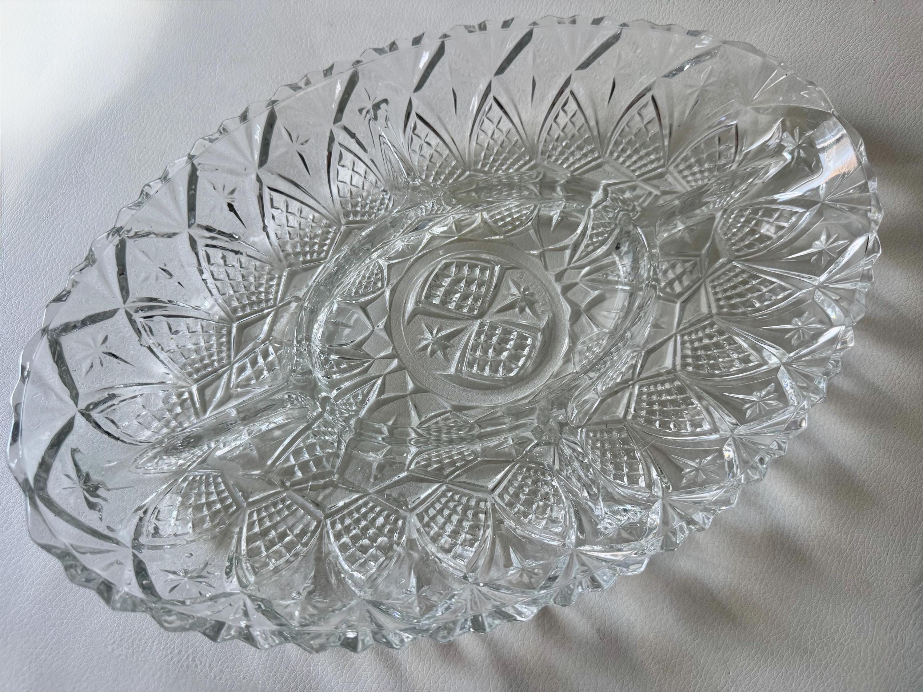 Vintage Pressed Glass Divided Relish Dish – Starburst & Diamond Pattern – Made in France, front view