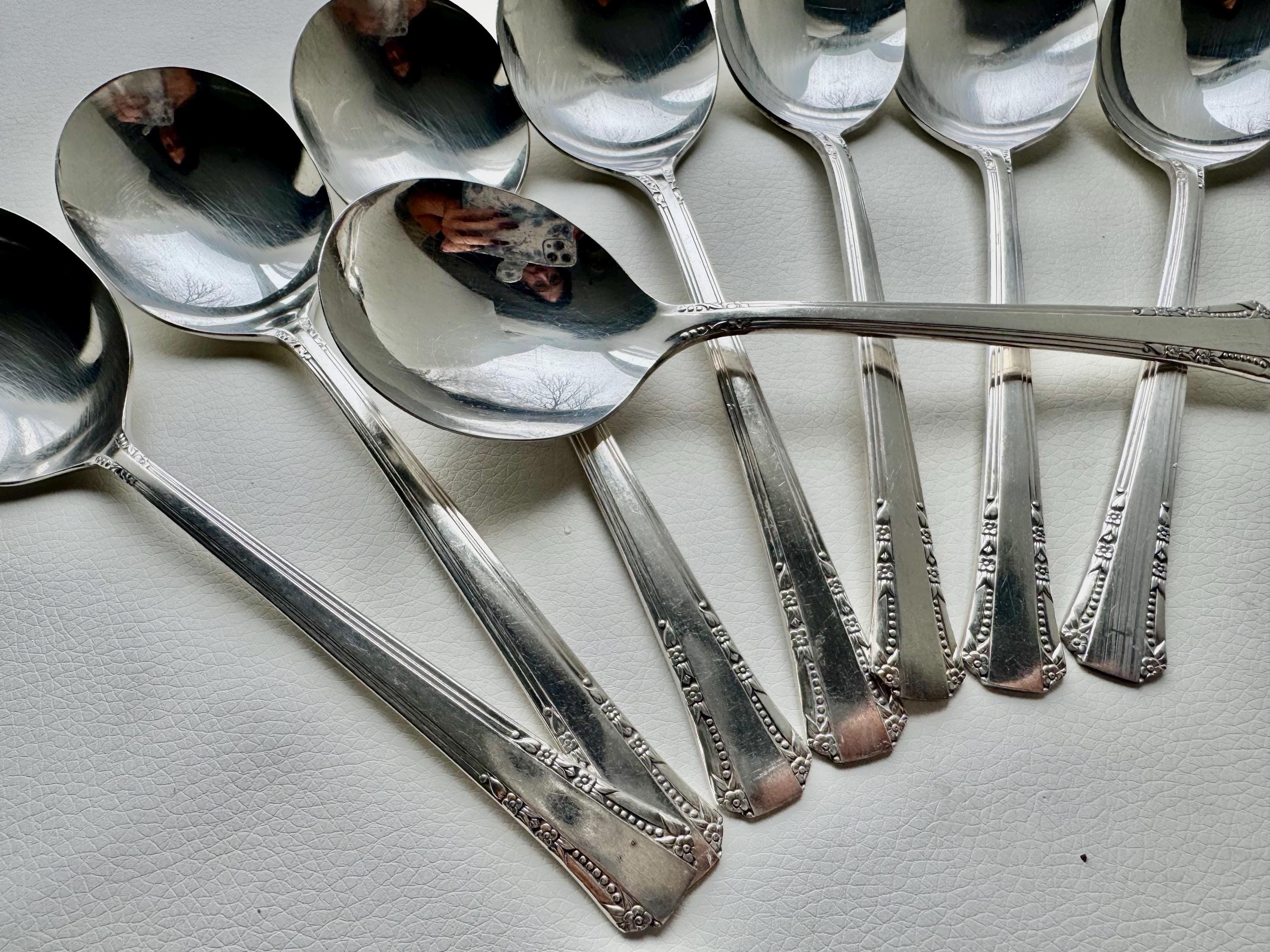 Vintage Rare Round Silverplate Soup Spoons - Set of 8 - Oneida Del Mar, front view