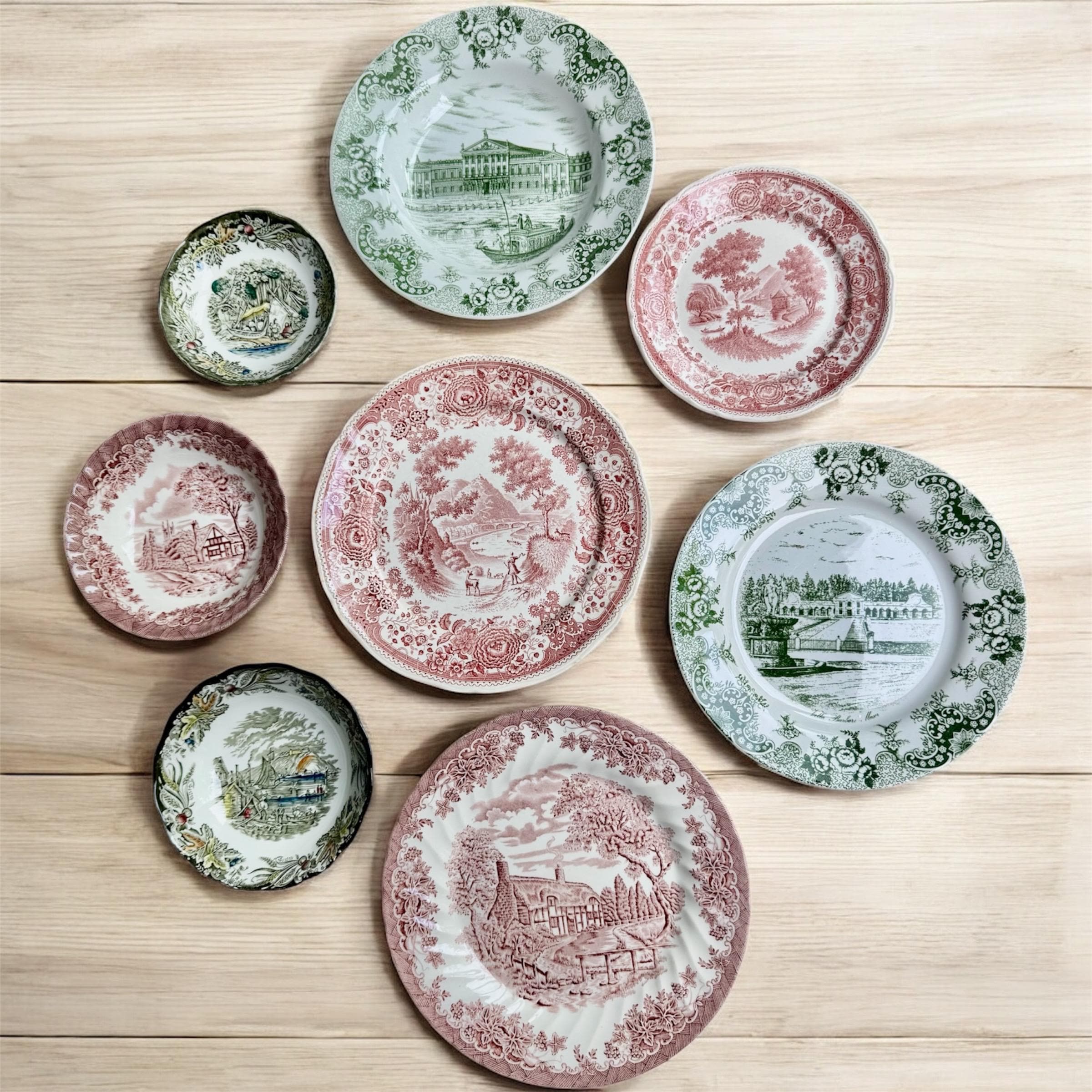 Vintage Red Green Transferware Plate Set: Eclectic Cottagecore Wall Gallery, front view