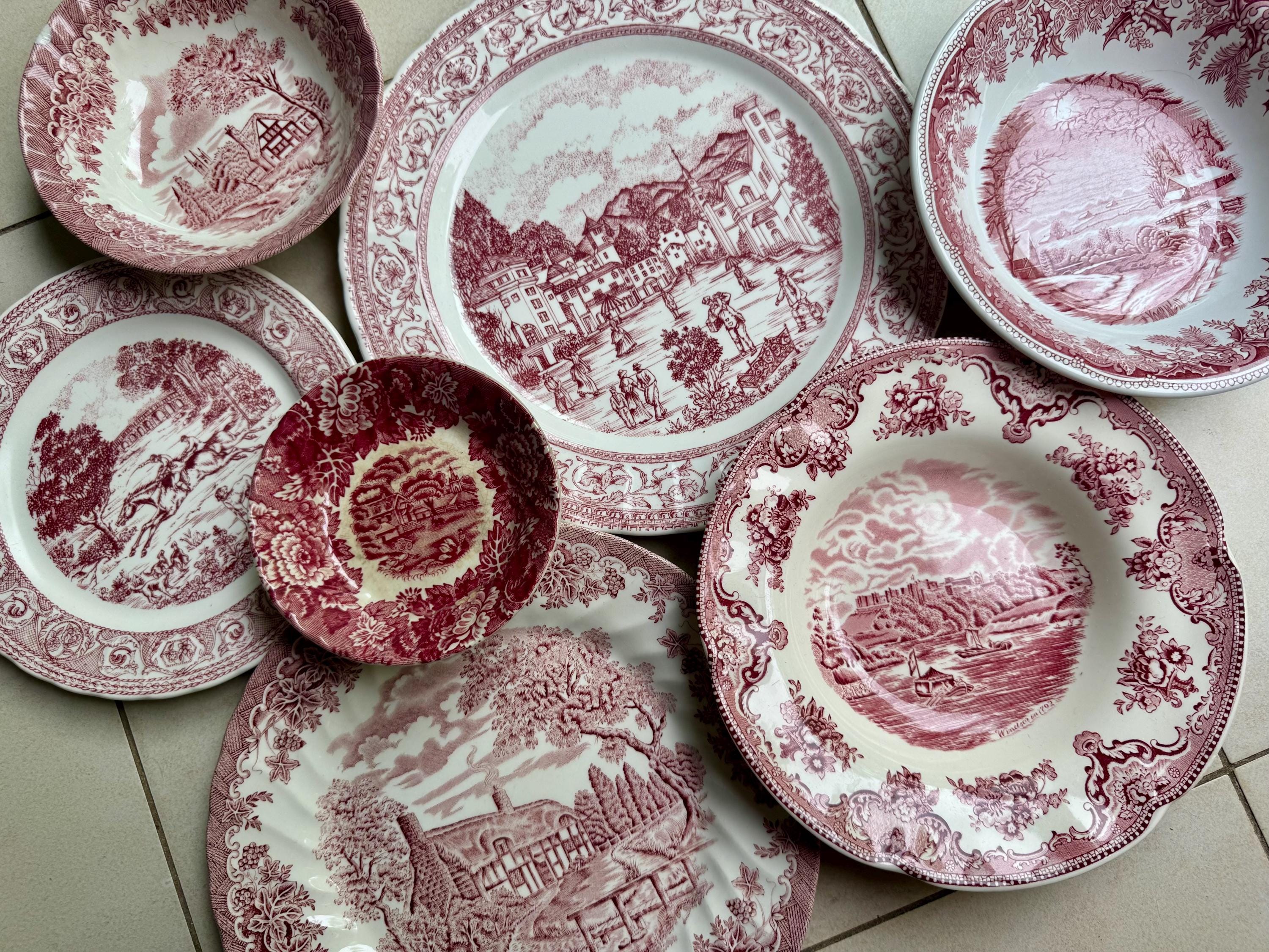 Vintage Red Transferware Plate Set – Country Village Scenes, Wall Display, front view