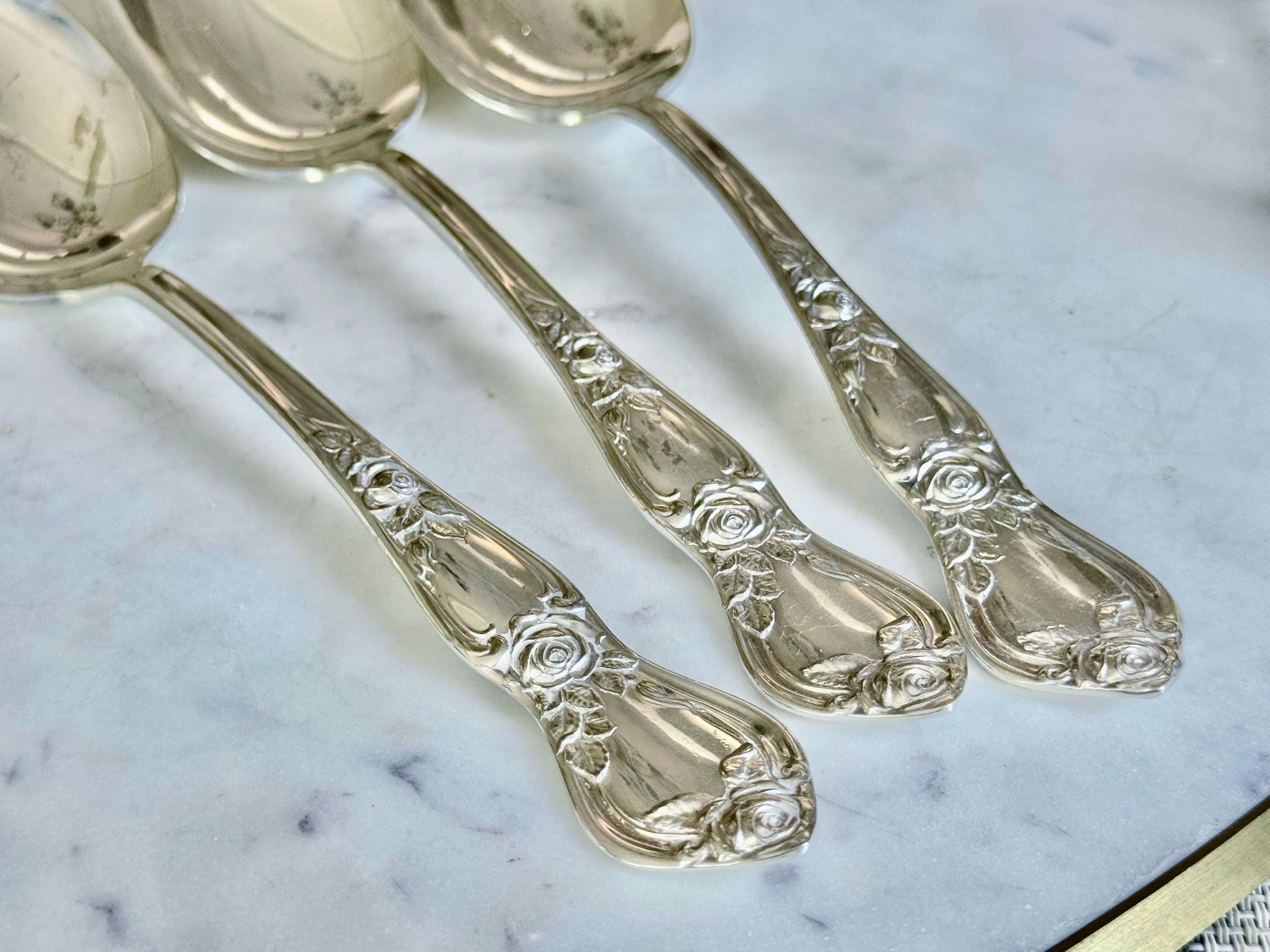 Vintage Rose Silverplate Soup Spoons — 1903 International Silver —  Set of 3, front view