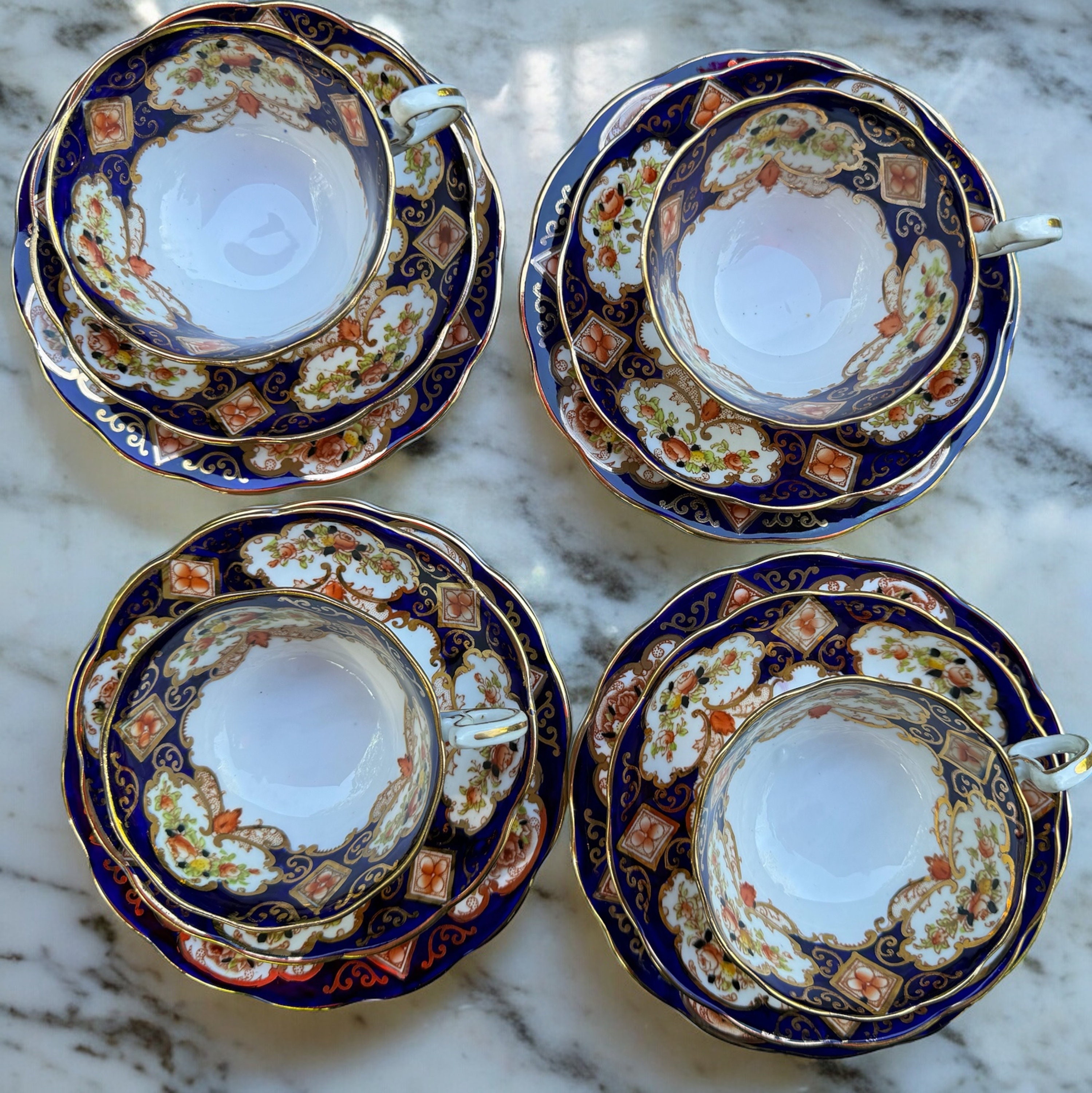 Vintage Royal Albert Crown China Cup Trio Set: Cobalt Blue & Gold, front view
