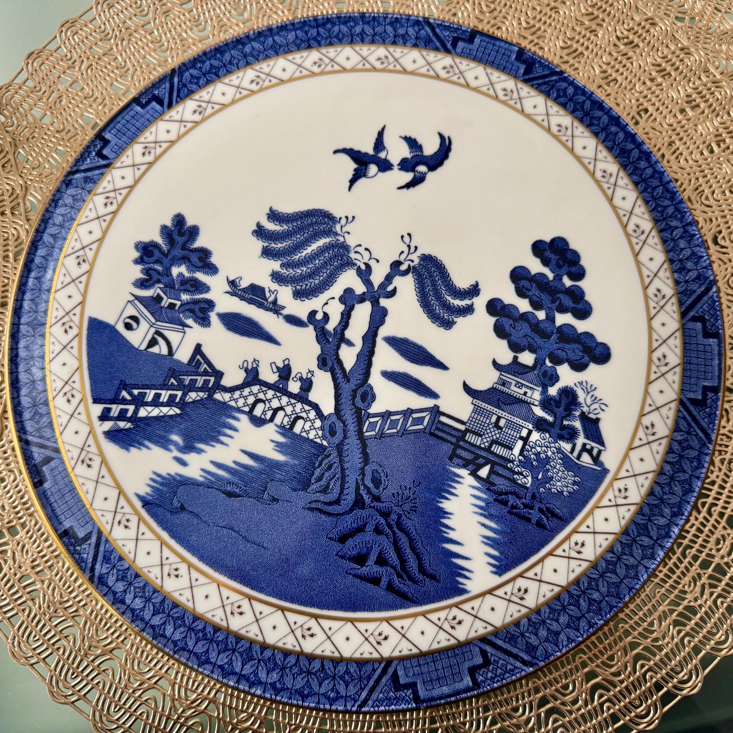 Vintage Royal Doulton Booths Real Old Willow Cake Plate - 11" Gold Rim, front view