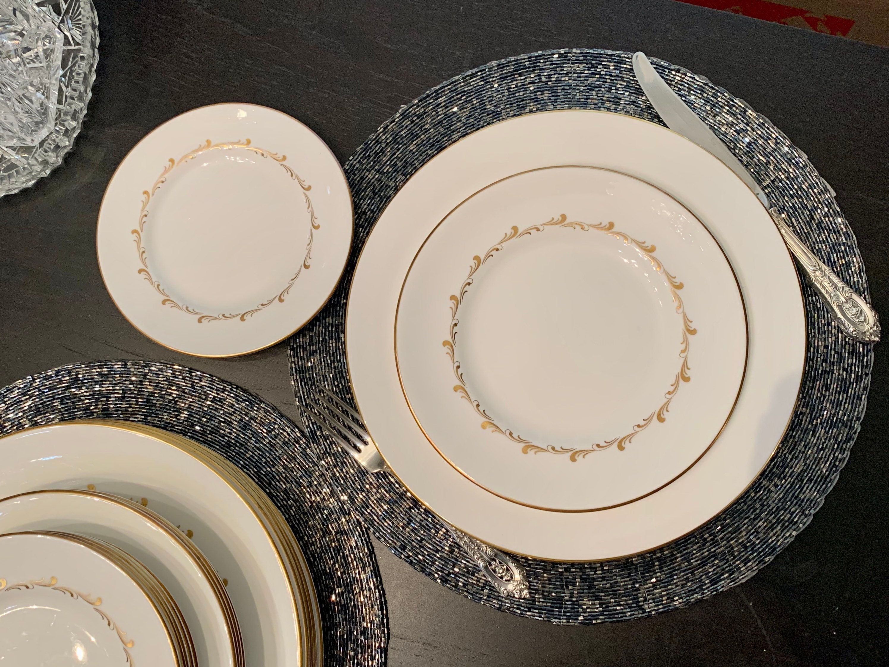 Vintage Royal Doulton RONDO - White and Gold Dinnerware - Complete Person Place Settings - 20 Available, front view