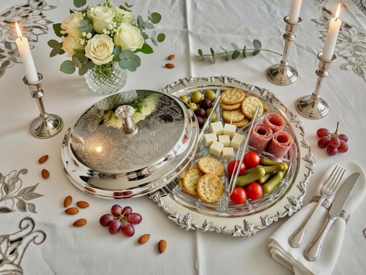 Vintage Sheffield Reproduction Silver Plate Covered Dish with Glass Insert 13”, front view