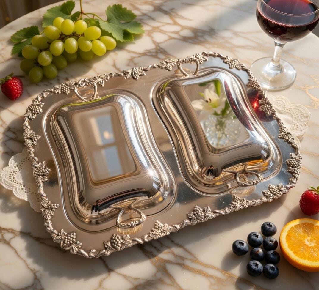 Vintage Silver-Plated Divided Tray: Grape Vine Border, Old English Reproduction, front view