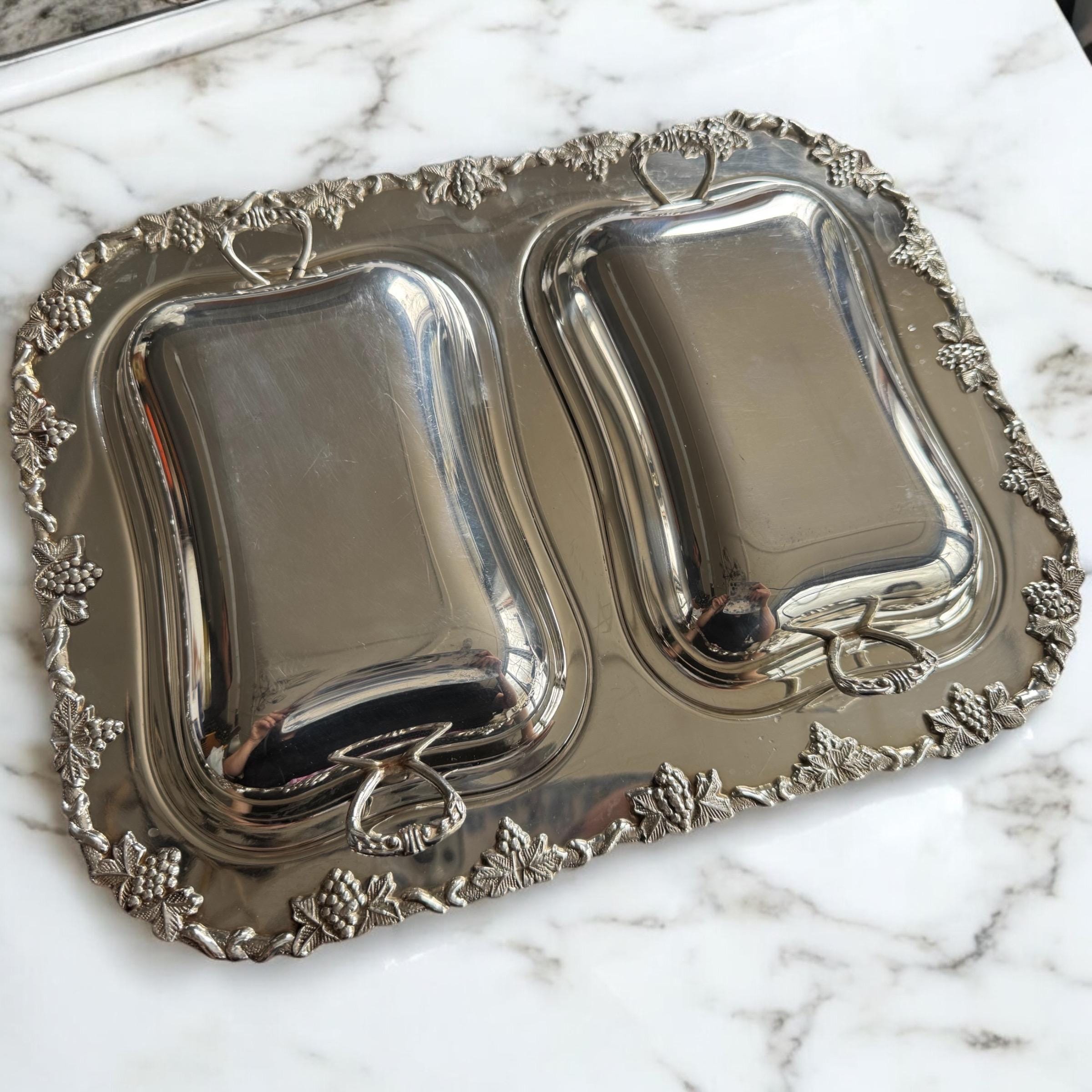 Vintage Silver-Plated Divided Tray: Grape Vine Border, Made in Canada, front view