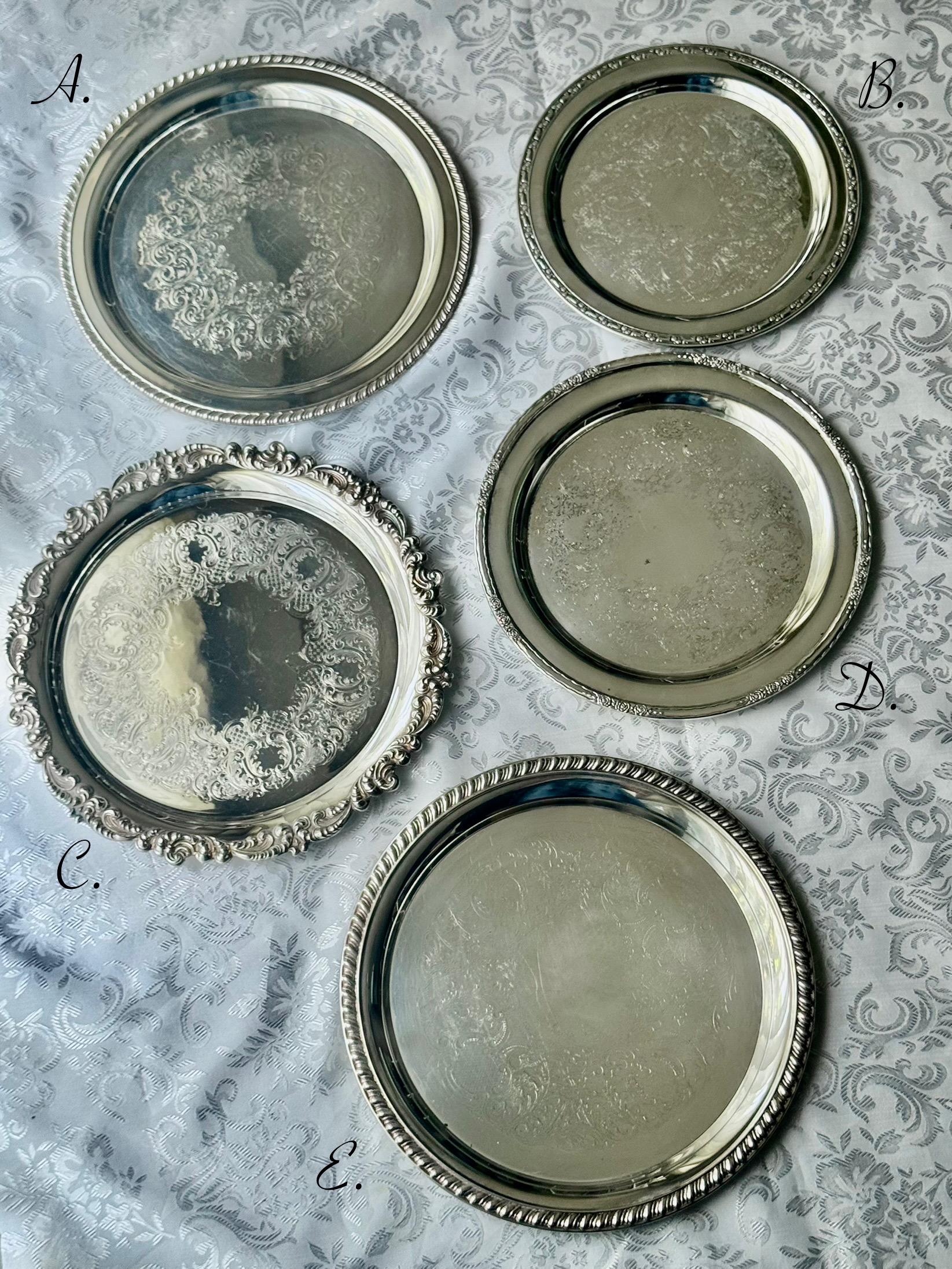 Vintage Silver-Plated Round Tray Collection – Ornate Etched Designs & Classic Makers – Sold Individually, front view