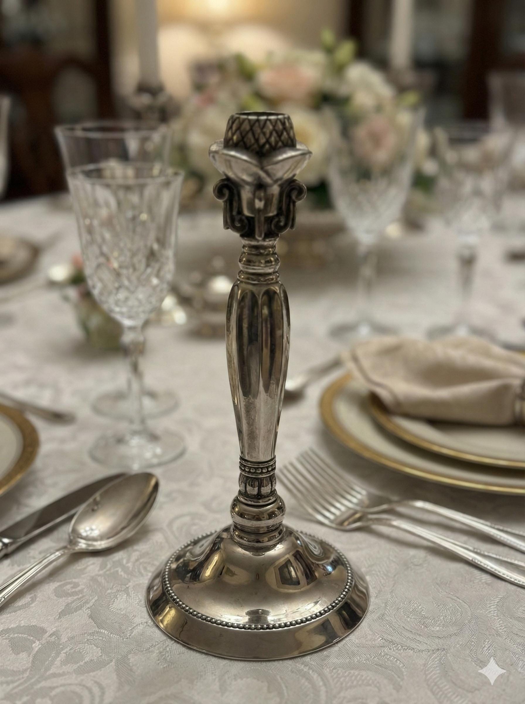 Vintage Silverplate Candlestick — Godinger — Classic Scroll & Pinecone Motif, front view