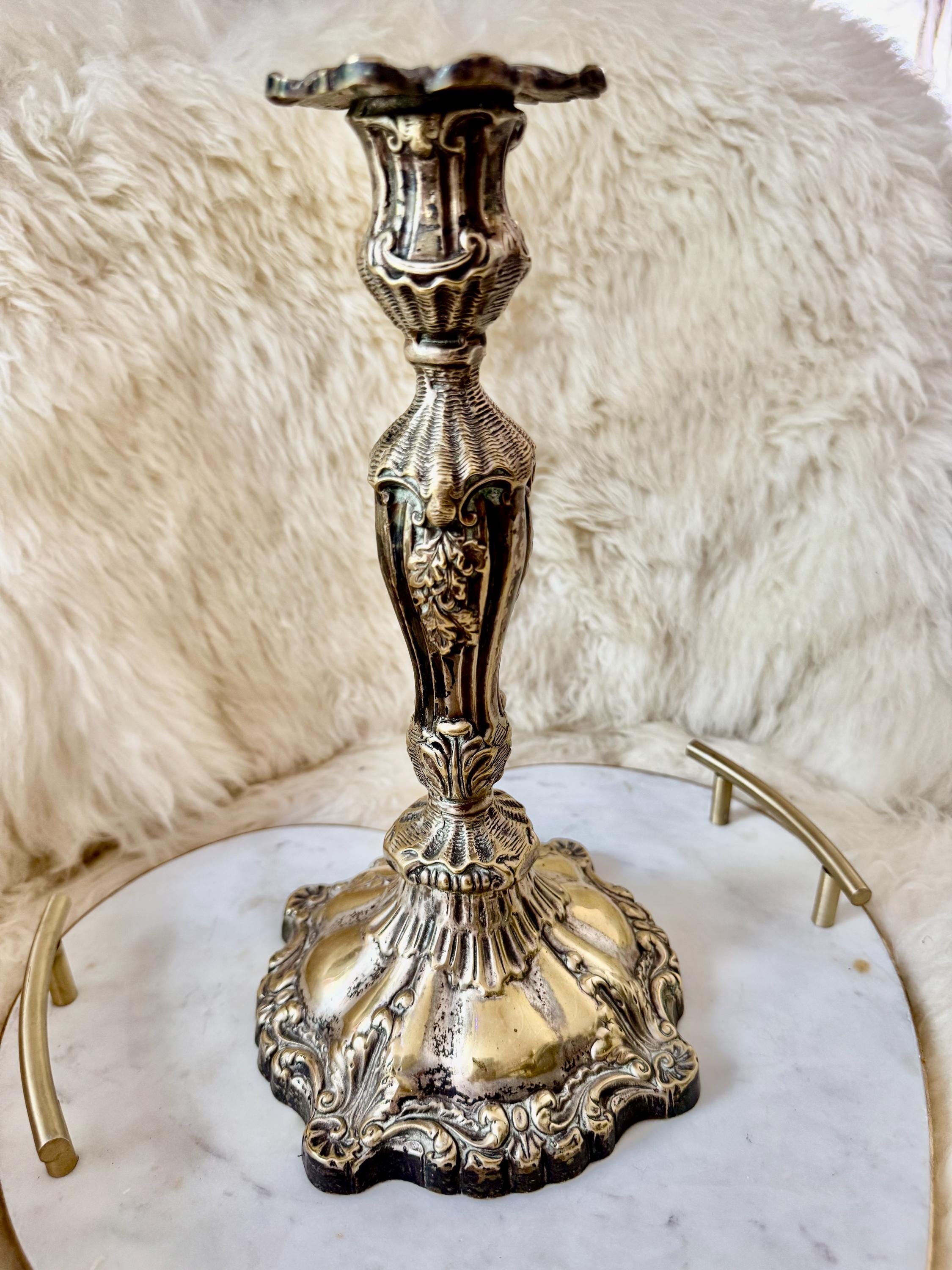 Vintage Silverplate Candlestick Holder: Ornate Rococo Style, 10.75", front view