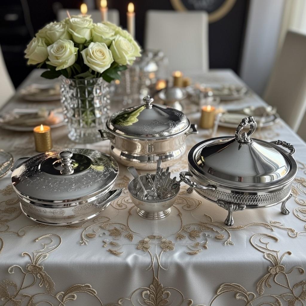 Vintage Silverplate Covered Serving Dishes with Glass Inserts, front view