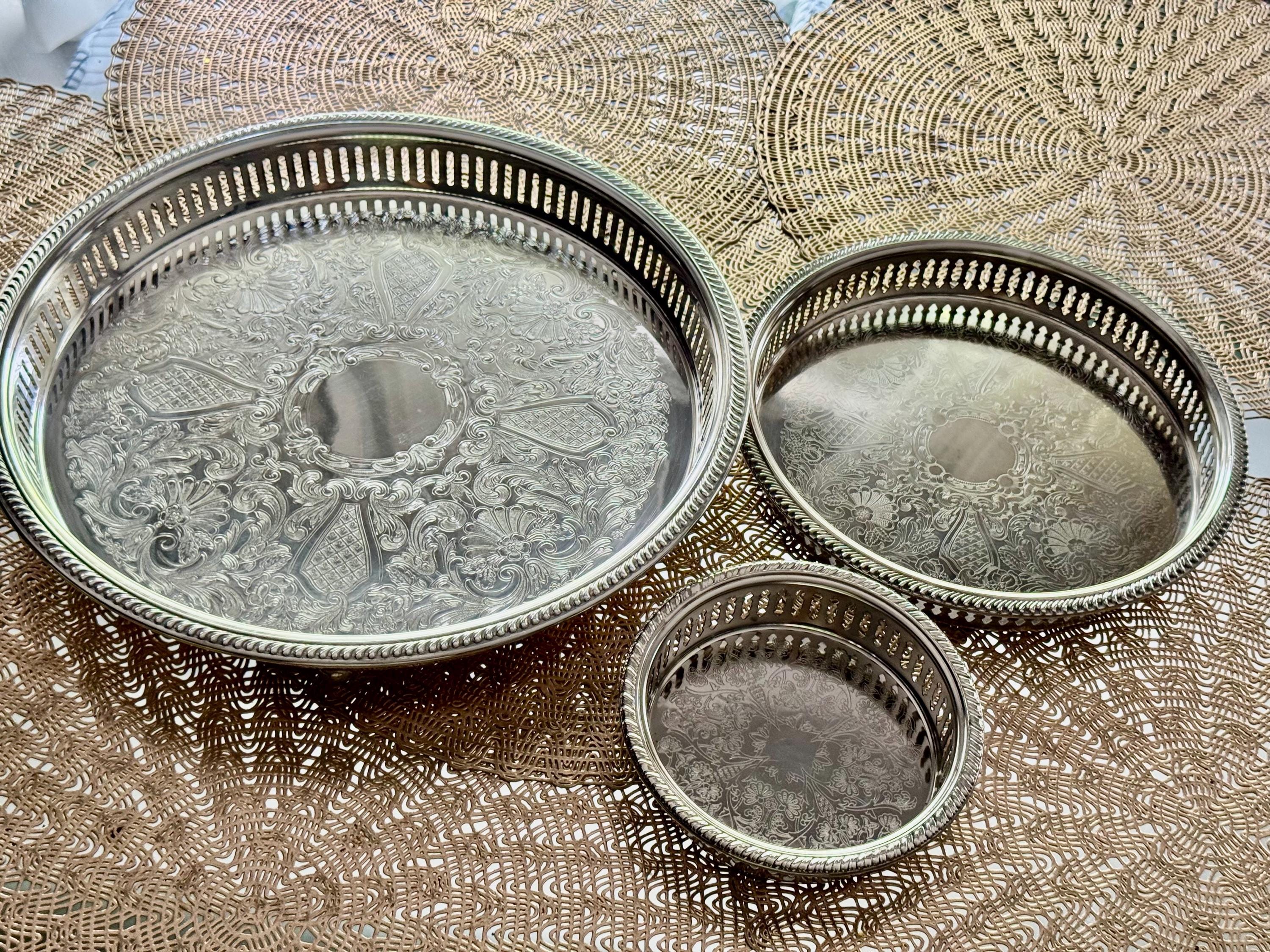 Vintage Silverplate Gallery Trays – Ornate Round Serving Trays with Pierced Sides, front view