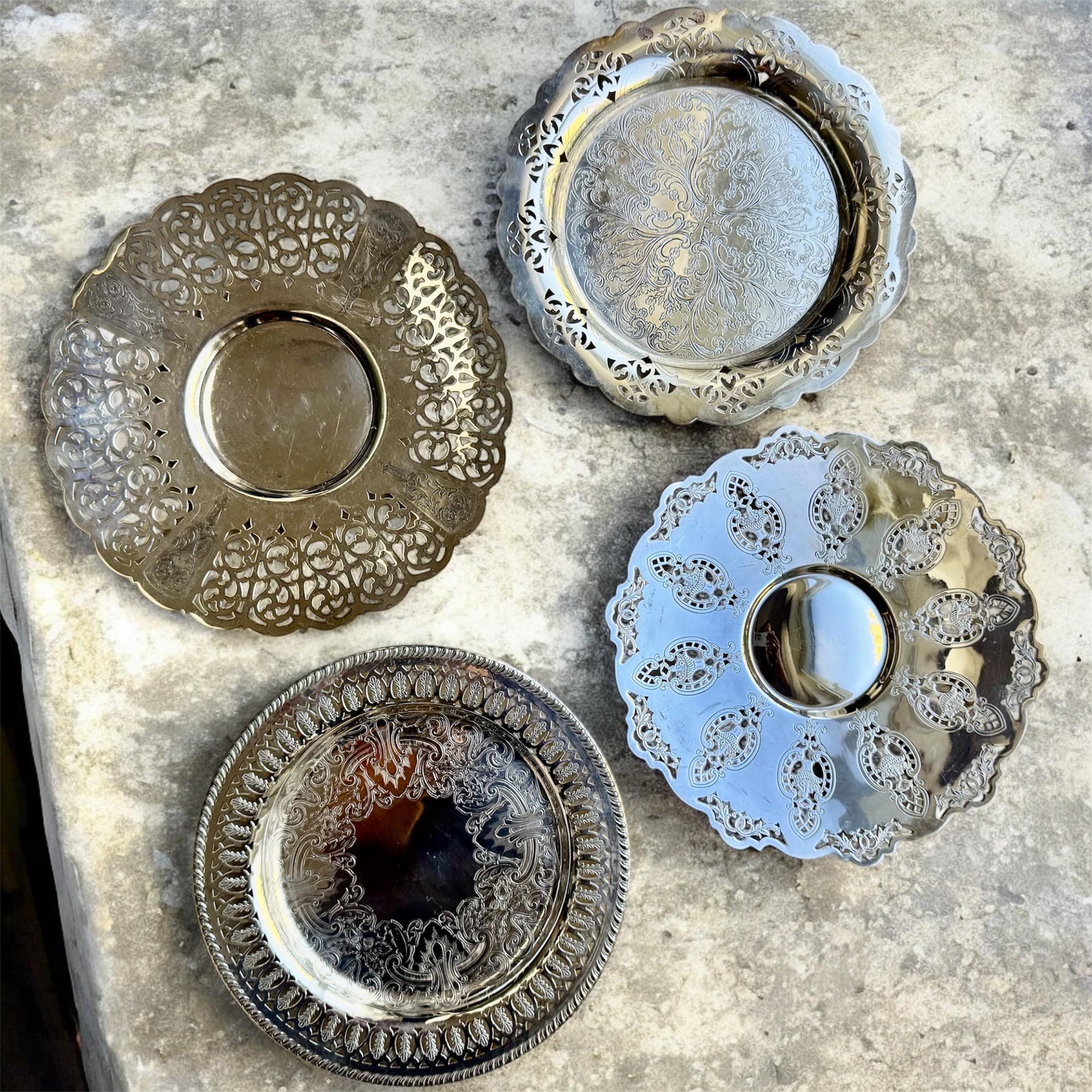 Vintage Silverplate Perforated Trays Collection – Ornate Round Serving & Display Trays 9–11” – Sold Individually, front view