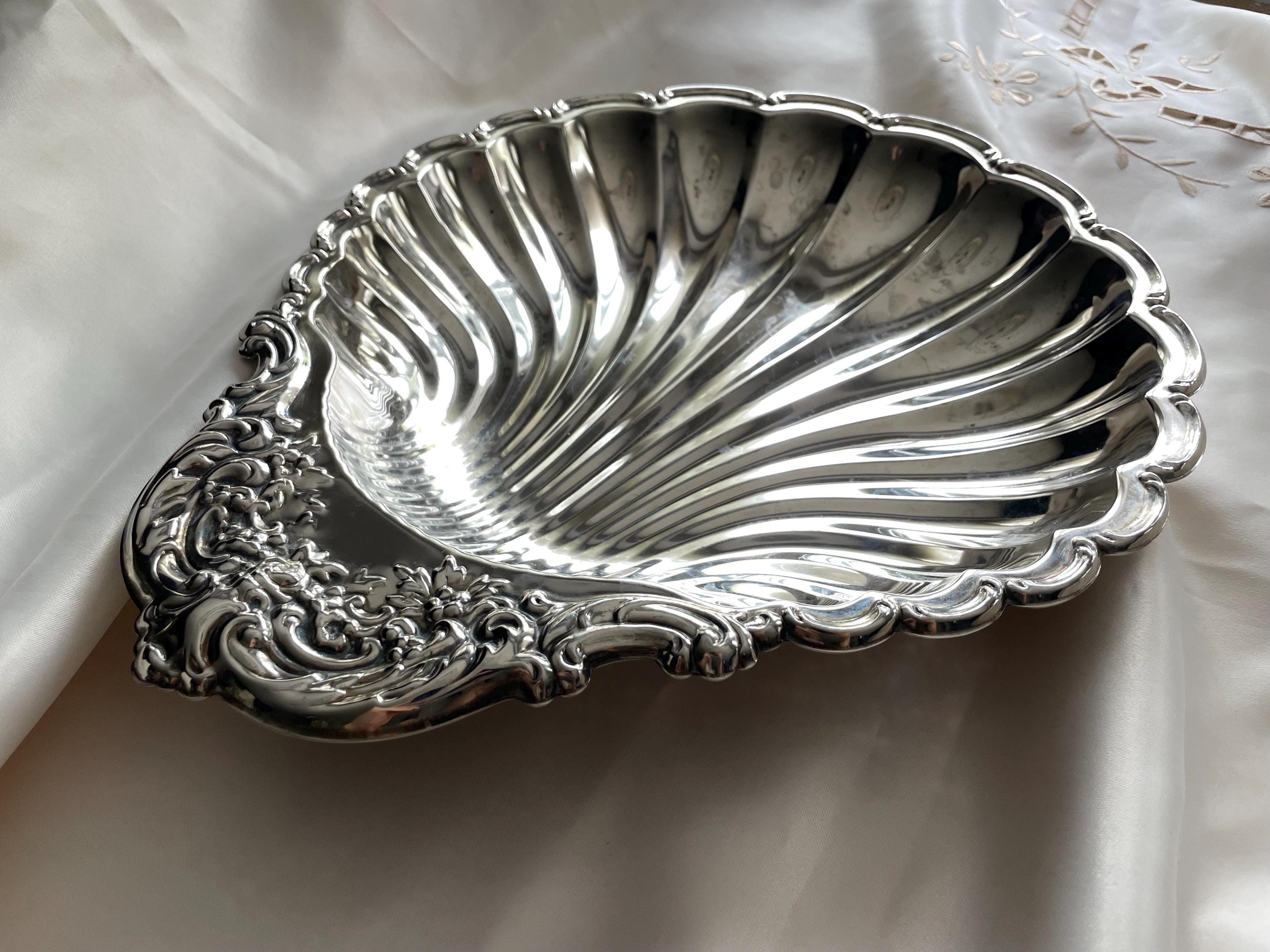 Vintage Silverplate Shell Tray: Rococo Floral Serving Dish, Hong Kong, front view