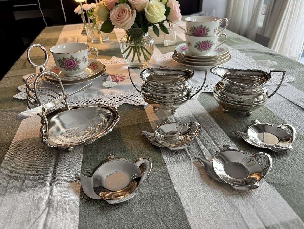 Vintage Silverplate Tea Accessories – English Toast Rack, Teabag Holder, Creamer & Sugar, front view