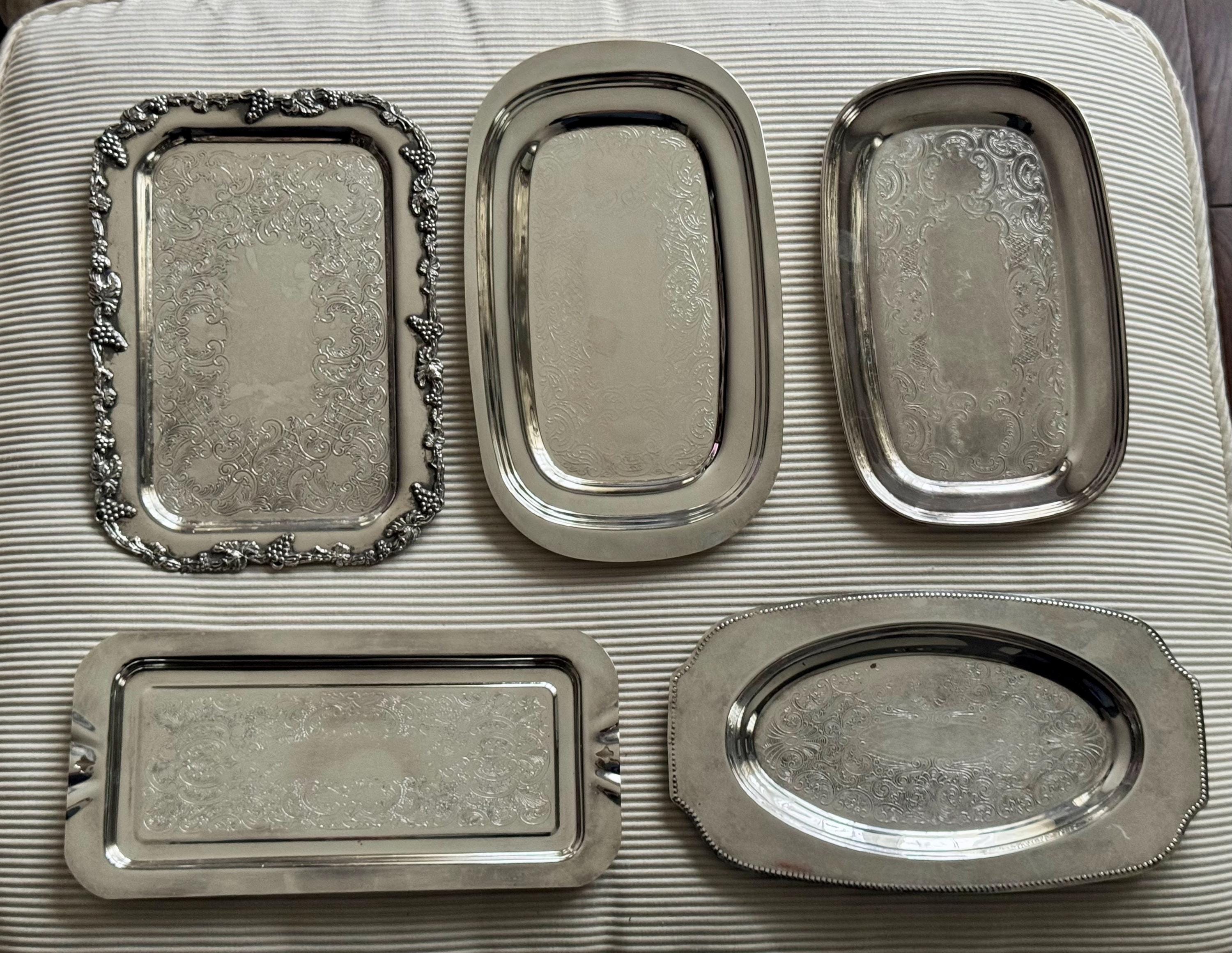 Vintage Silverplate Tray Collection – Rectangular or Oval – Engraved Silver on Copper, front view