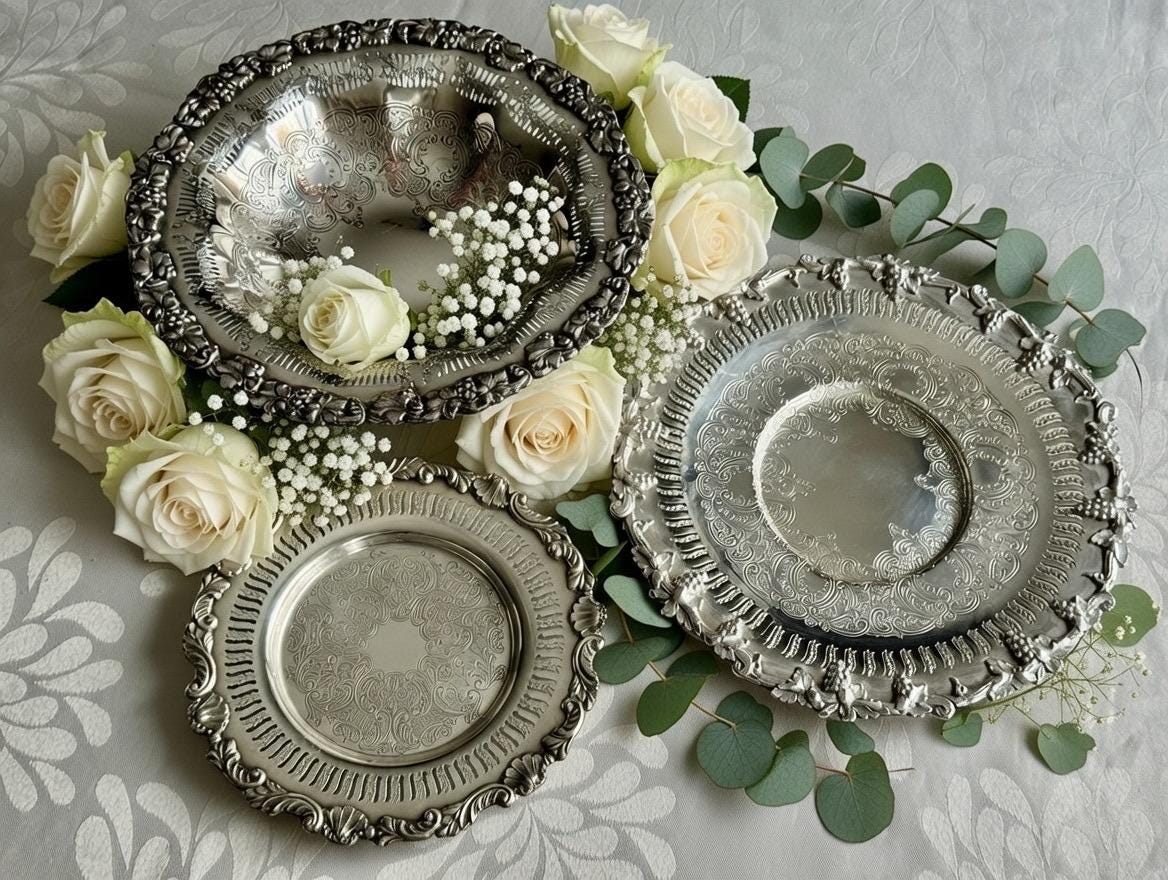 Vintage Silverplate Trays Bowls —  Sheffield Reproduction — Heavy Ornate Elegant, front view
