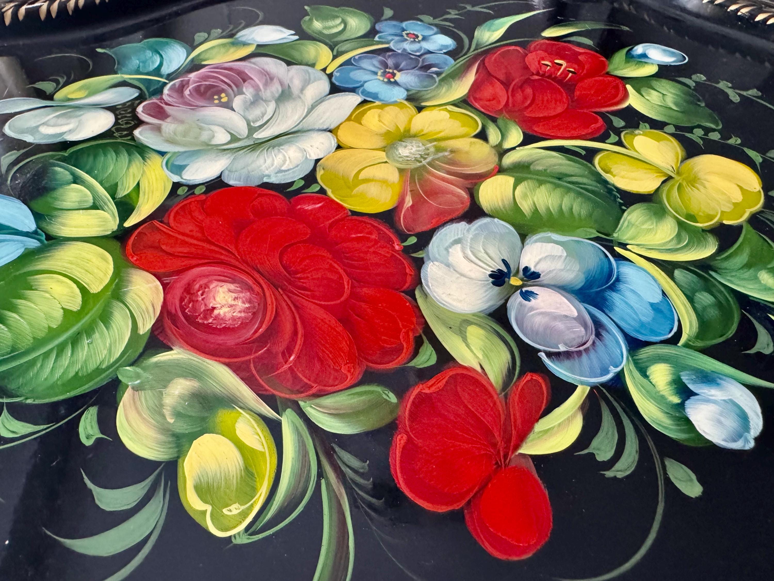Vintage Soviet Hand-Painted Floral Tray – Zhostovo Style – Black Lacquer Metal – USSR Folk Art, front view