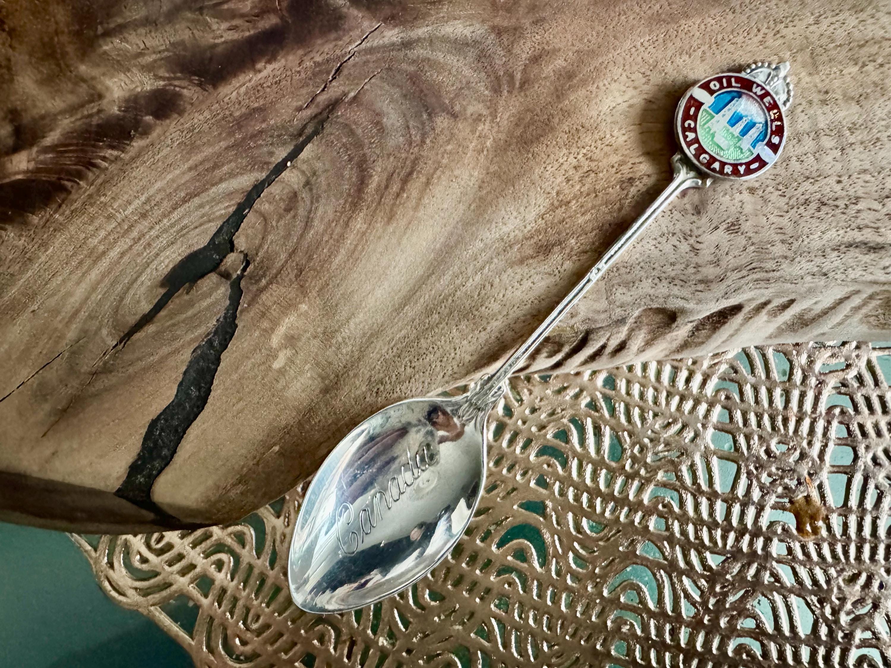 Vintage Sterling Silver Calgary Oil Wells Souvenir Spoon – Enamel Crest – Canada Collectible, front view