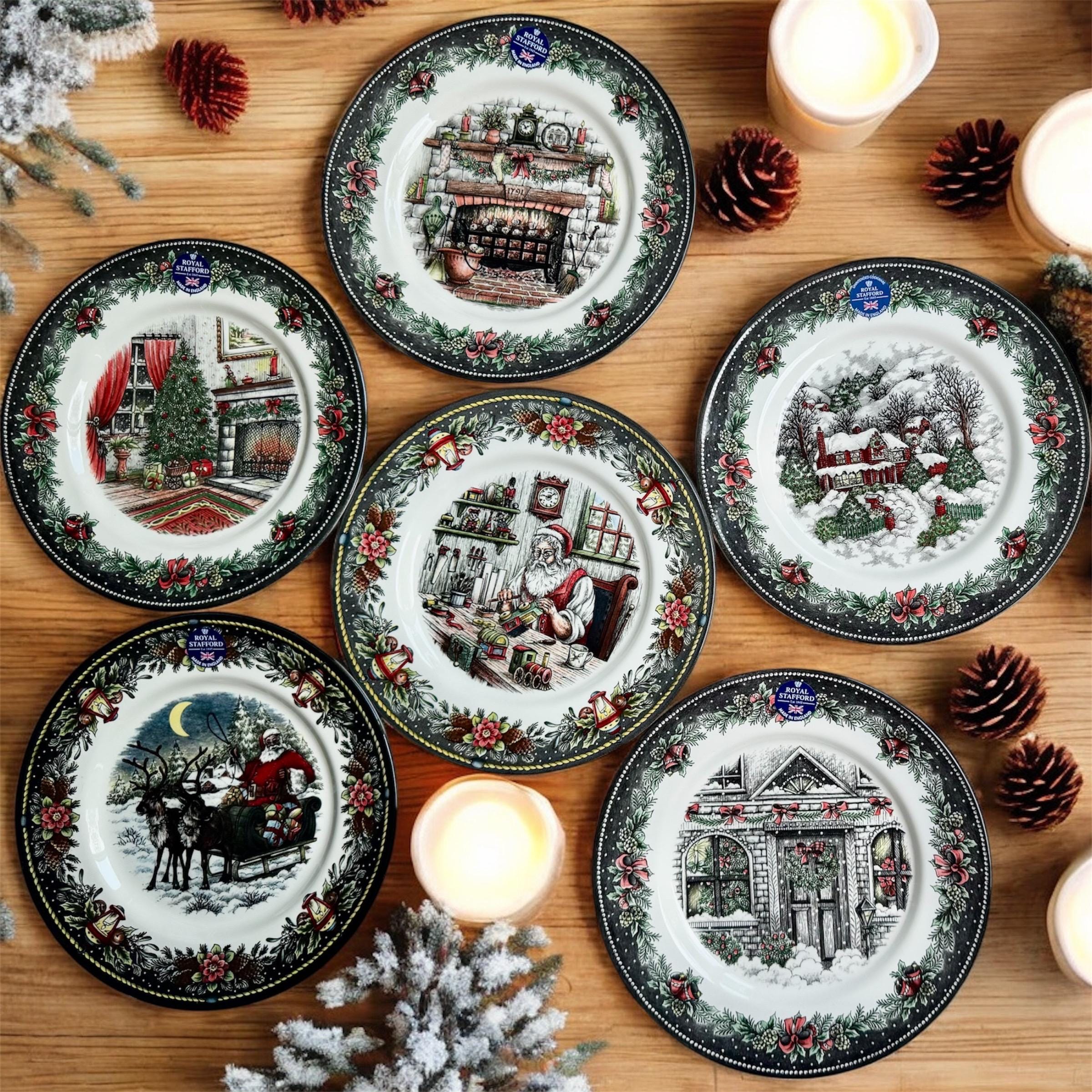 Vintage Style Transferware - Dinner Plates 11” - Royal Stafford England - Christmas Eve Santa, front view