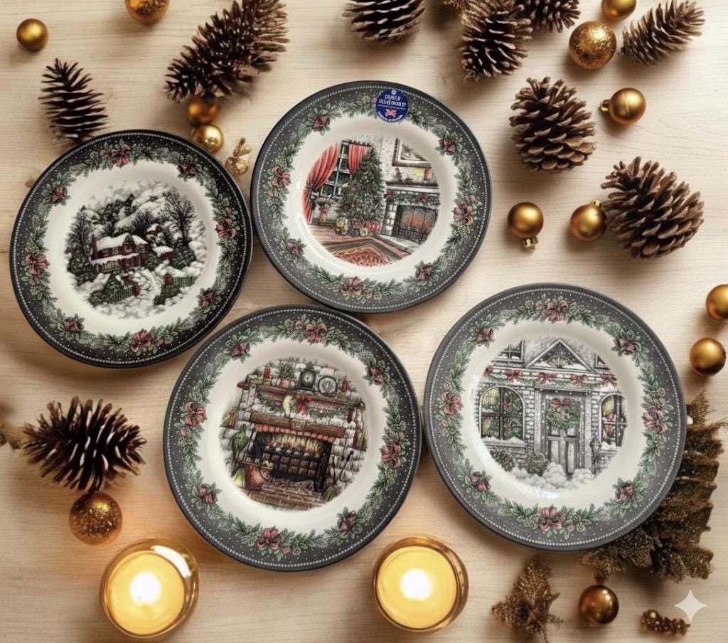 Vintage Style Transferware - Salad Plates 8.5” - Christmas Eve Theme - Royal Stafford England - Sold Individually, front view