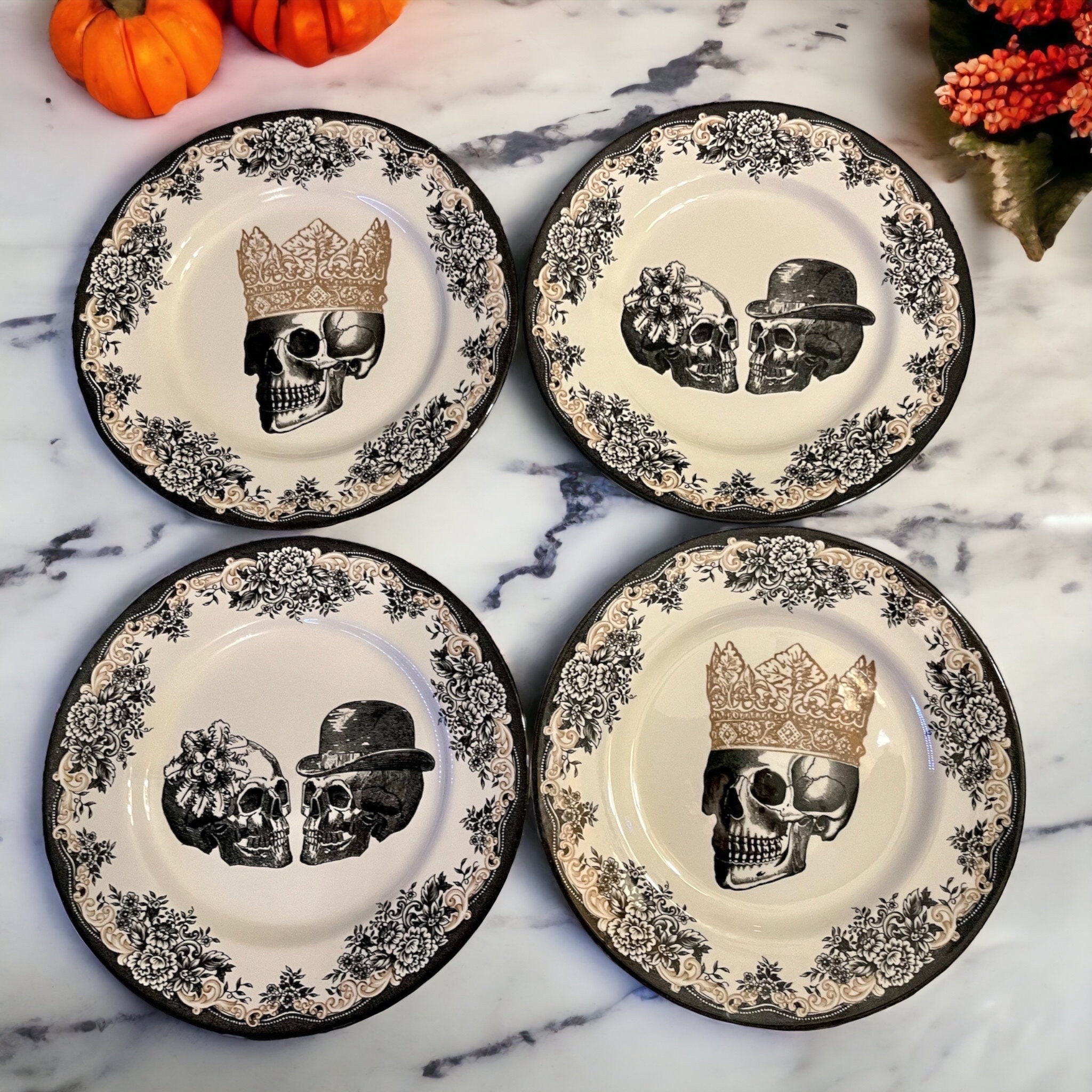 Vintage Style Transferware - Skulls Halloween - 4 Dinner Plates 11” - Royal Stafford England, front view