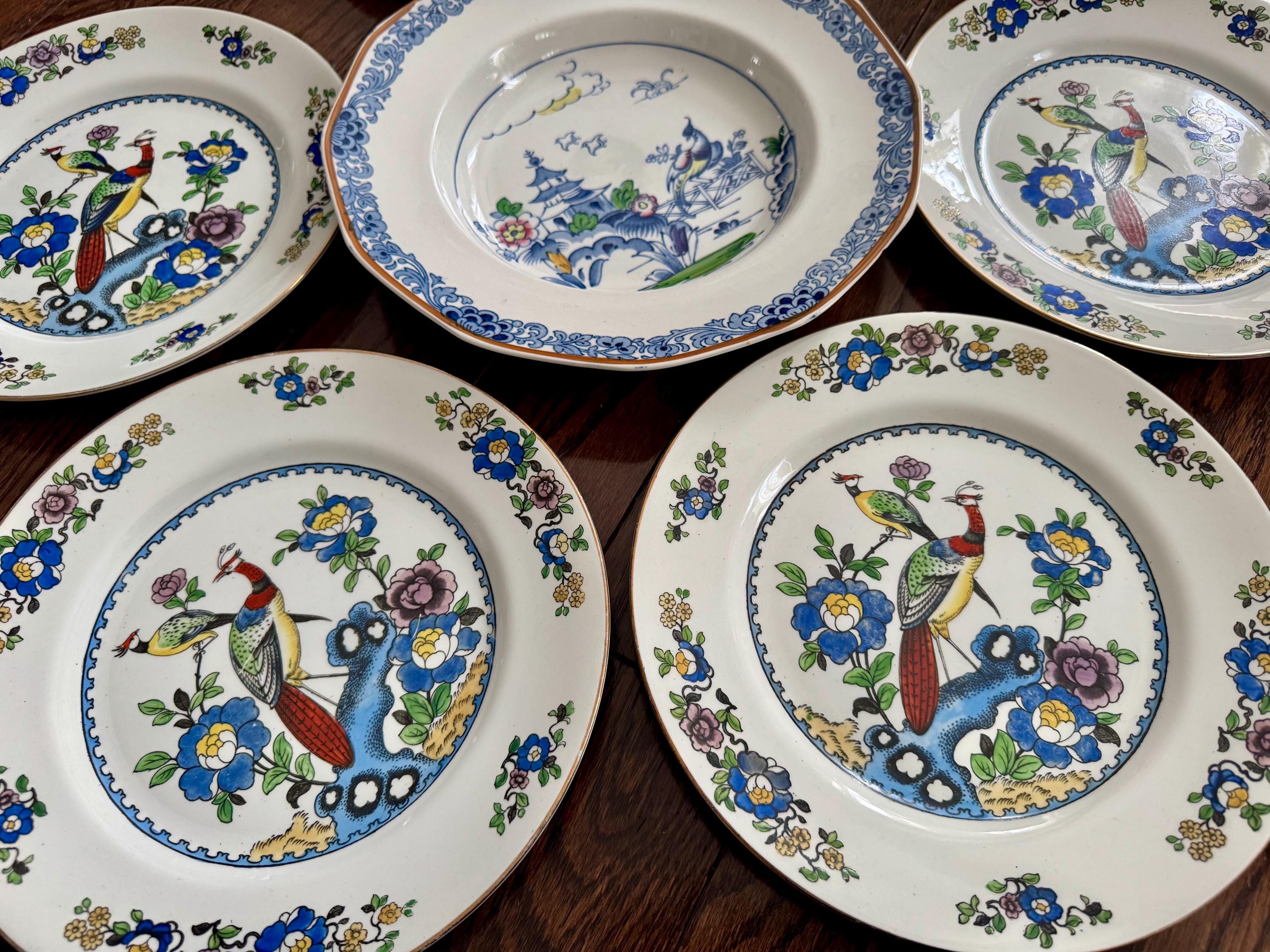 Vintage Winkle Co. Old Chelsea & Booths Pagoda Plates - Rare English Plates - Fancy Bird Motifs, front view