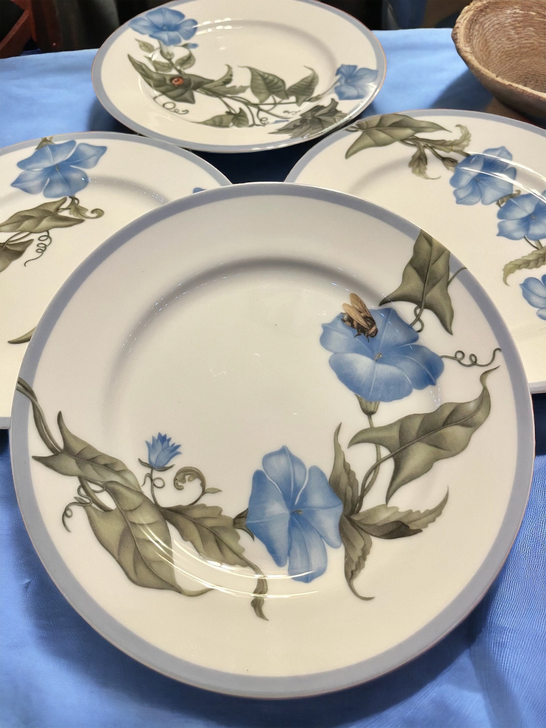 Williams-Sonoma - Set of 4 Salad Plates 8” Spring Blue Flowers & Bugs - Made in Japan, detail view 7